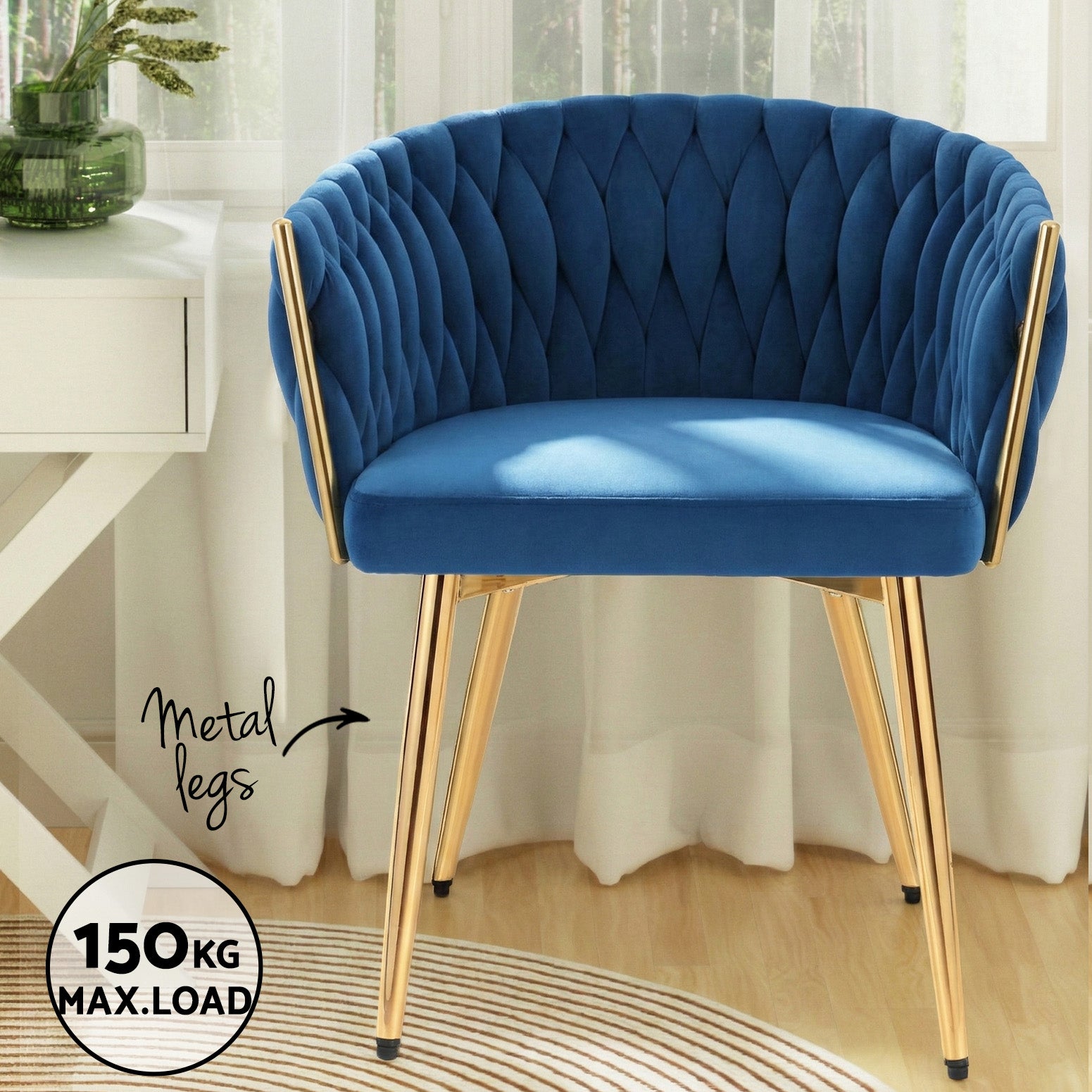 1 Set of 4 Dining Chairs Velvet Weaving Armchair Blue