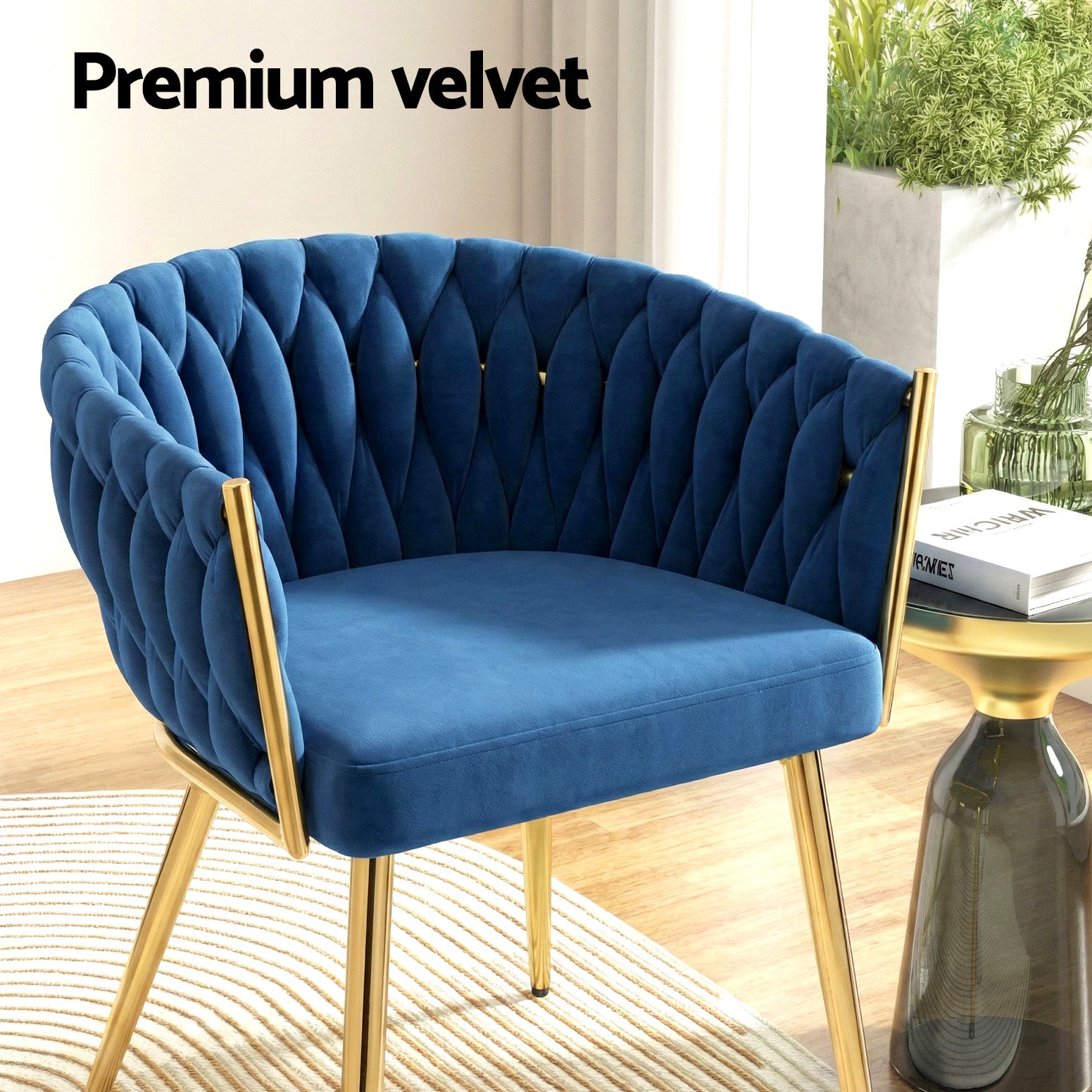 1 Set of 4 Dining Chairs Velvet Weaving Armchair Blue