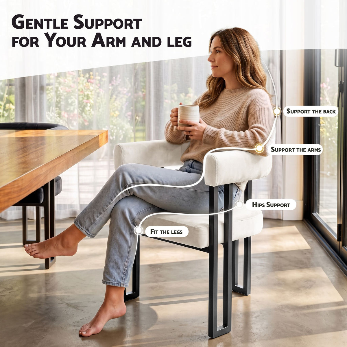 Dining Chairs Set of 4 Velvet Upholstered Barrel Chairs with Curved Armrests & Back Beige