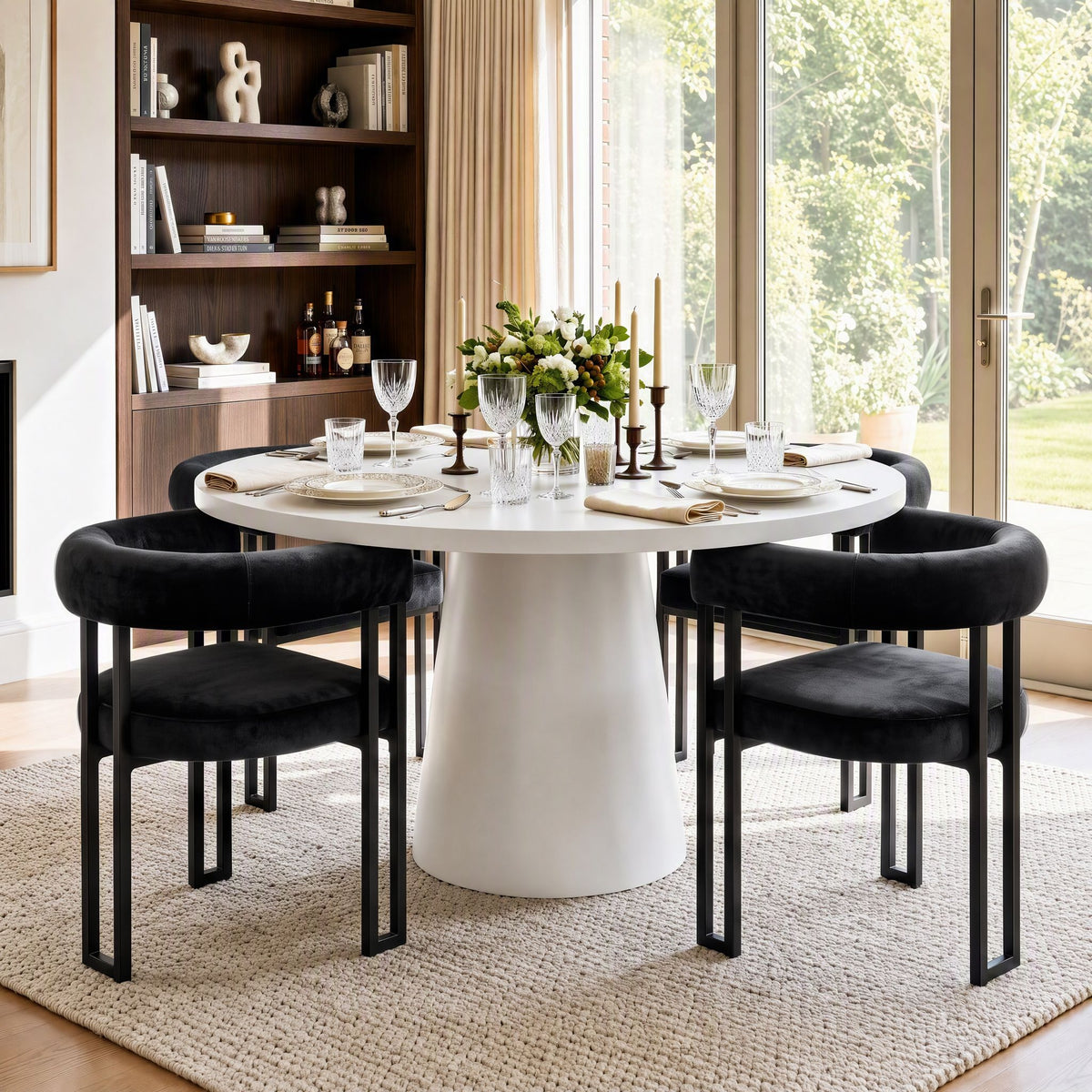 Dining Chairs Set of 4 Velvet Upholstered Barrel Chairs with Curved Armrests & Back Black