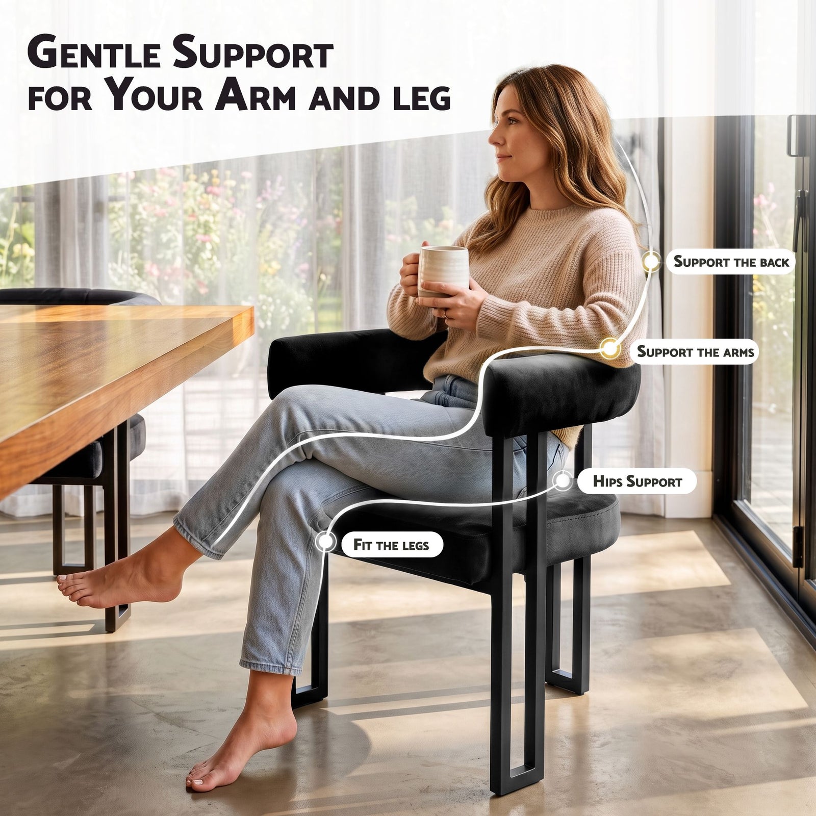 Dining Chairs Set of 4 Velvet Upholstered Barrel Chairs with Curved Armrests & Back Black