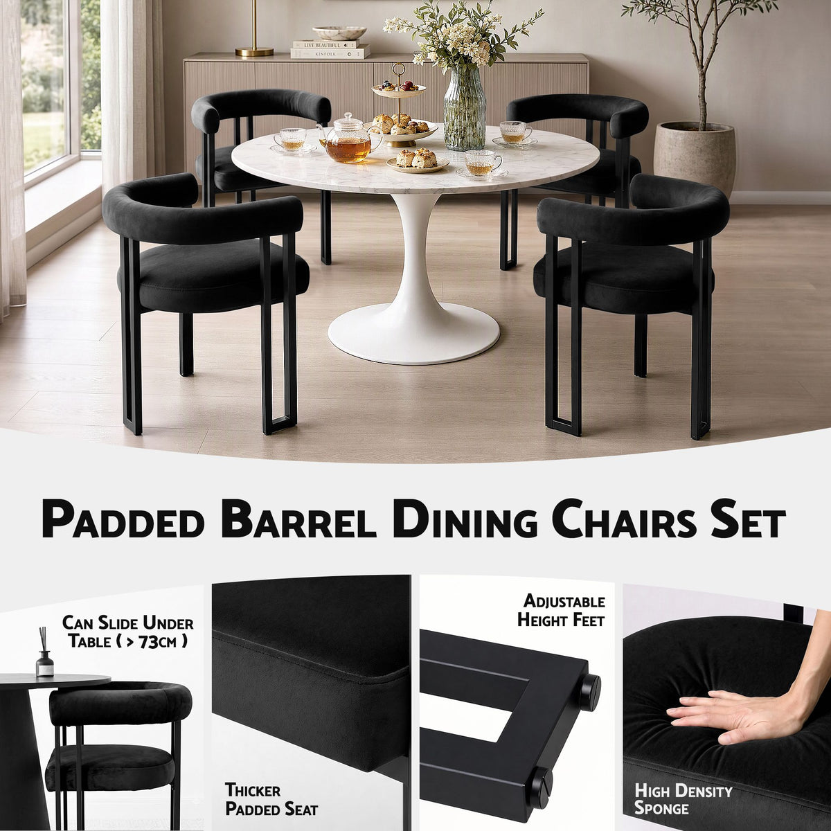 Dining Chairs Set of 6 Velvet Upholstered Barrel Chairs with Curved Armrests & Back Black
