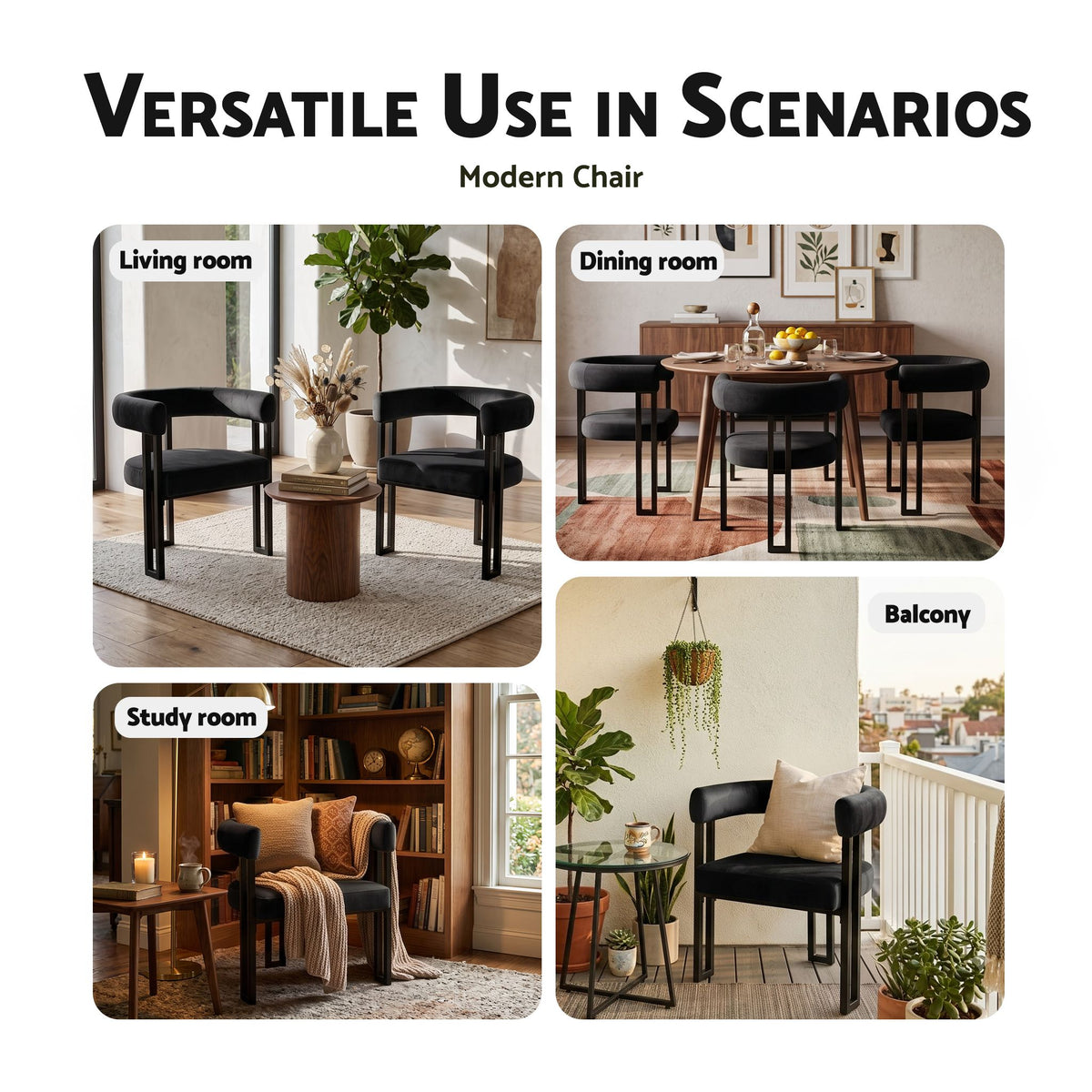 Dining Chairs Set of 6 Velvet Upholstered Barrel Chairs with Curved Armrests & Back Black