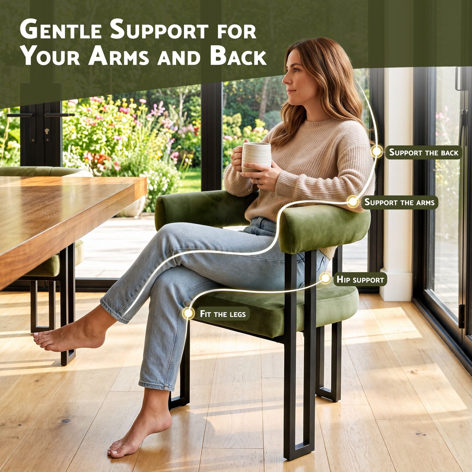 Dining Chairs Set of 4 Velvet Upholstered Barrel Chairs with Curved Armrests & Back Green