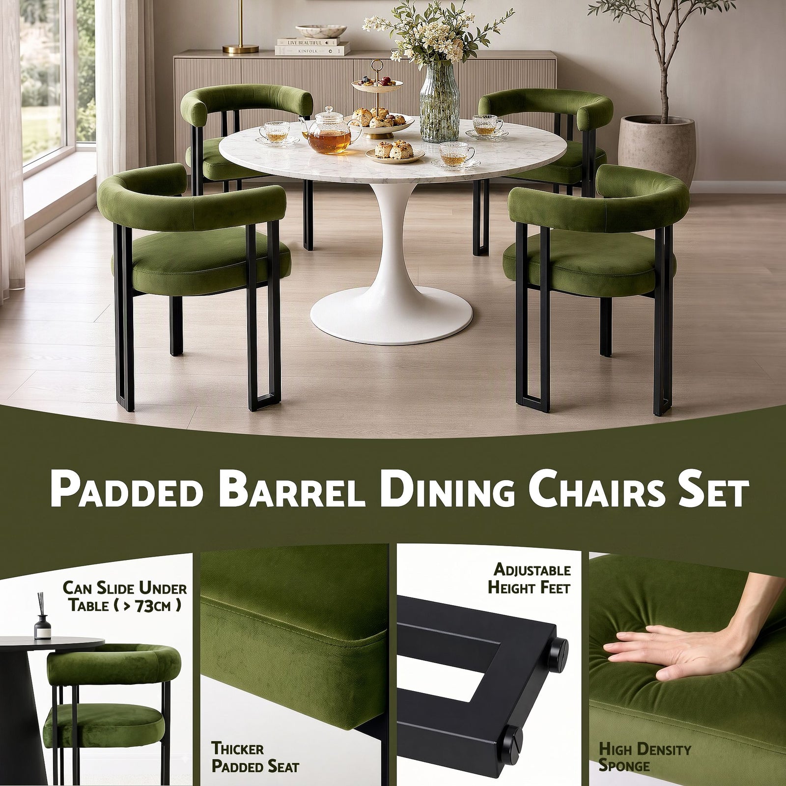 Dining Chairs Set of 4 Velvet Upholstered Barrel Chairs with Curved Armrests & Back Green