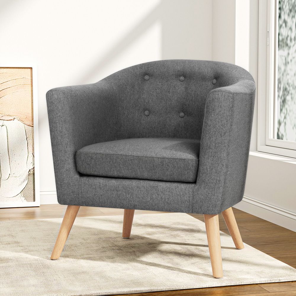 Artiss Adora Armchair Grey Linen Accent Chair Tufted Design Wooden Frame