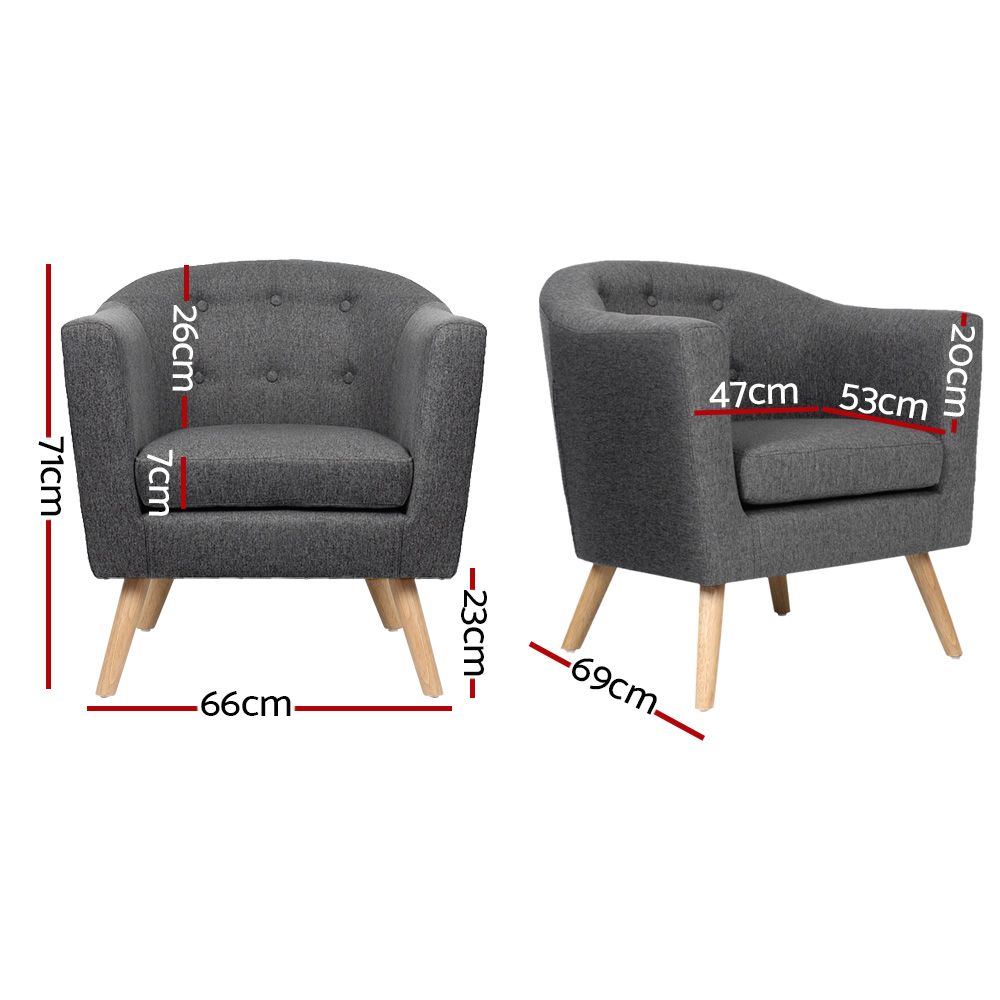 Artiss Adora Armchair Grey Linen Accent Chair Tufted Design Wooden Frame