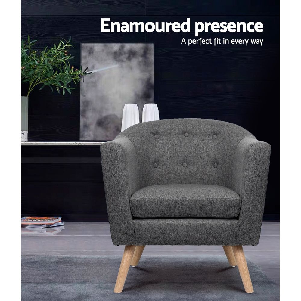 Artiss Adora Armchair Grey Linen Accent Chair Tufted Design Wooden Frame