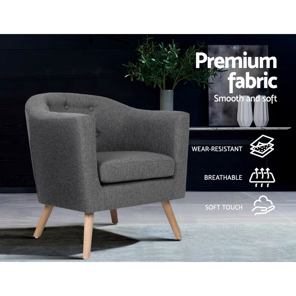 Artiss Adora Armchair Grey Linen Accent Chair Tufted Design Wooden Frame