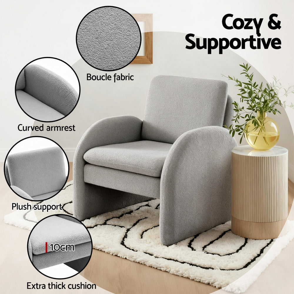 Armchair Accent Chair Lounge Tub Sofa Couch Curved Arm Seat Boucle Grey