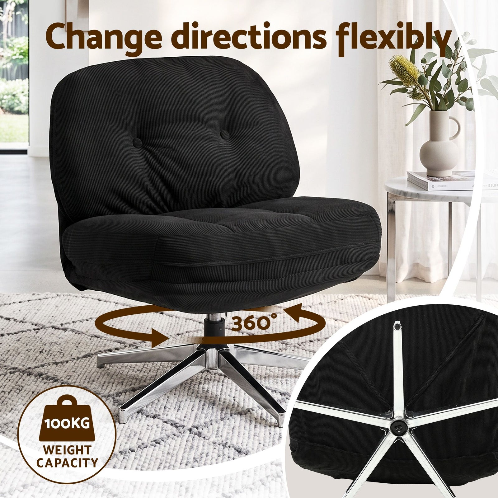 Swivel Chair Nursing Armchair Lounge Corduroy Steel Star Base Black