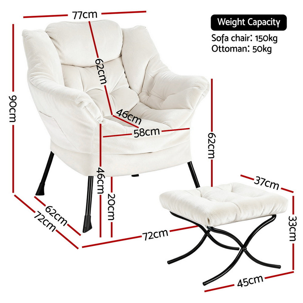 Armchair Accent Chair Ottoman Lounge Footrest Velvet White