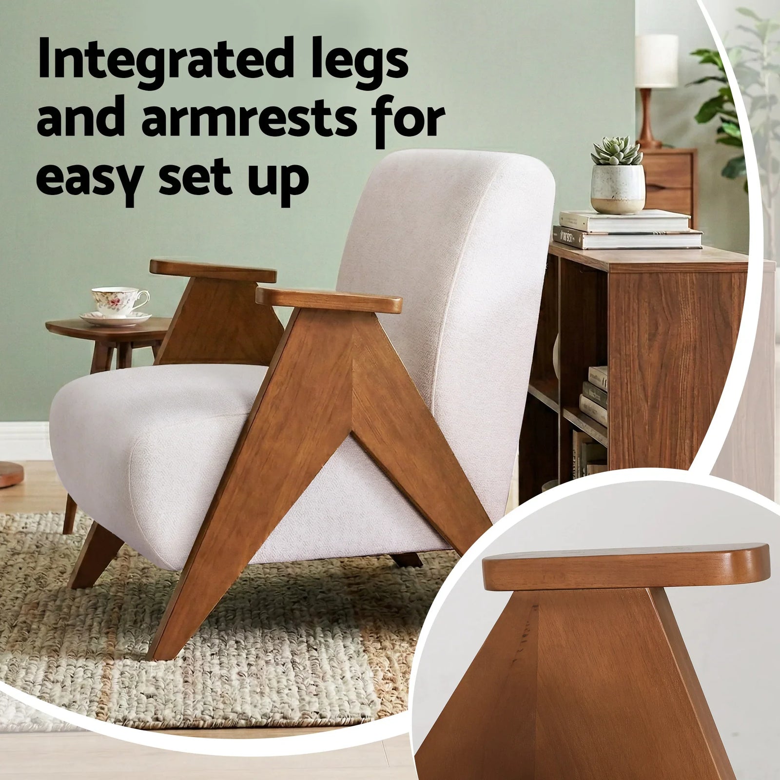 Armchair Accent Chair Sturdy Upholstered Solid Wood Chenille Fabric White