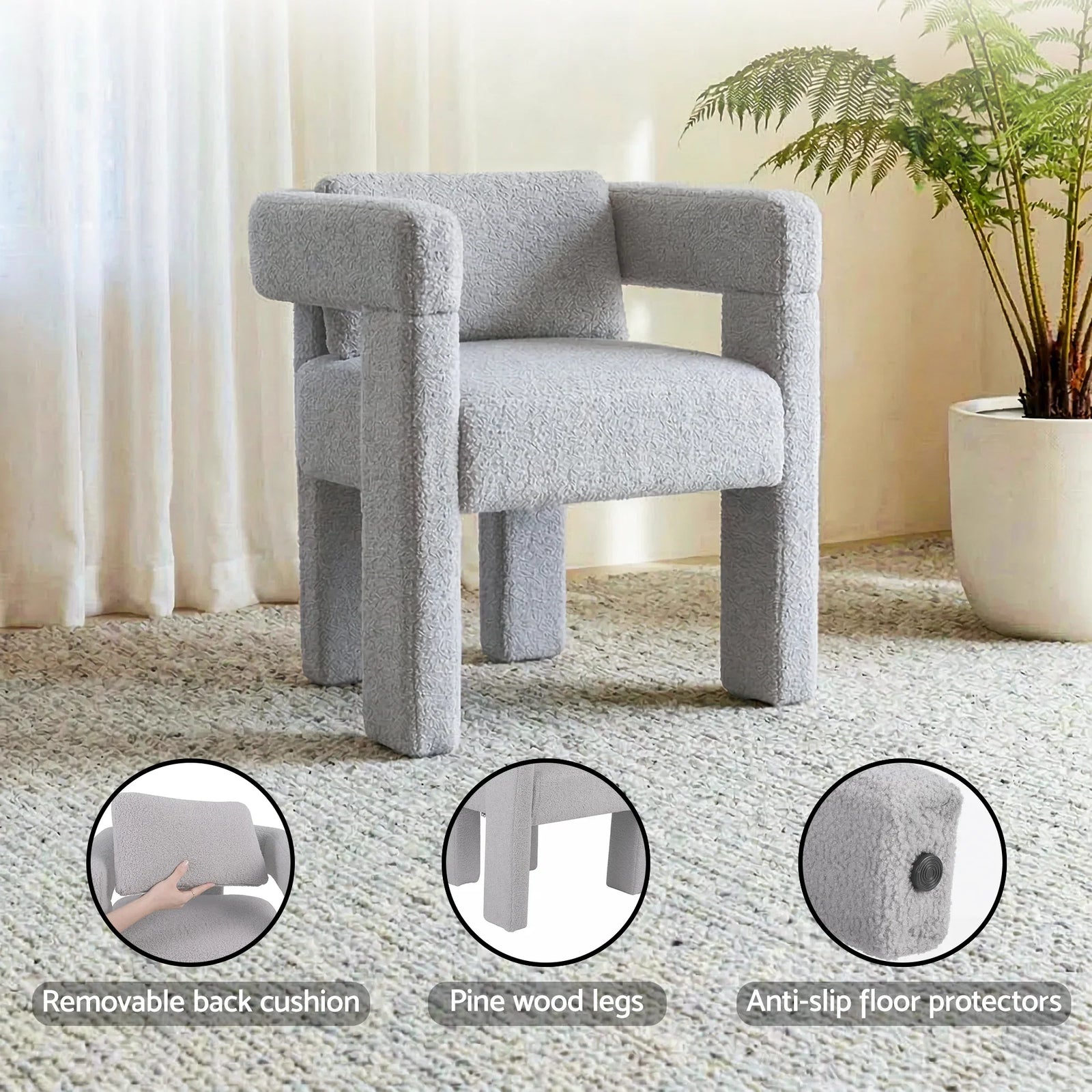 Armchair Accent Chair Lounge Sofa Couch Boucle Fabric Grey