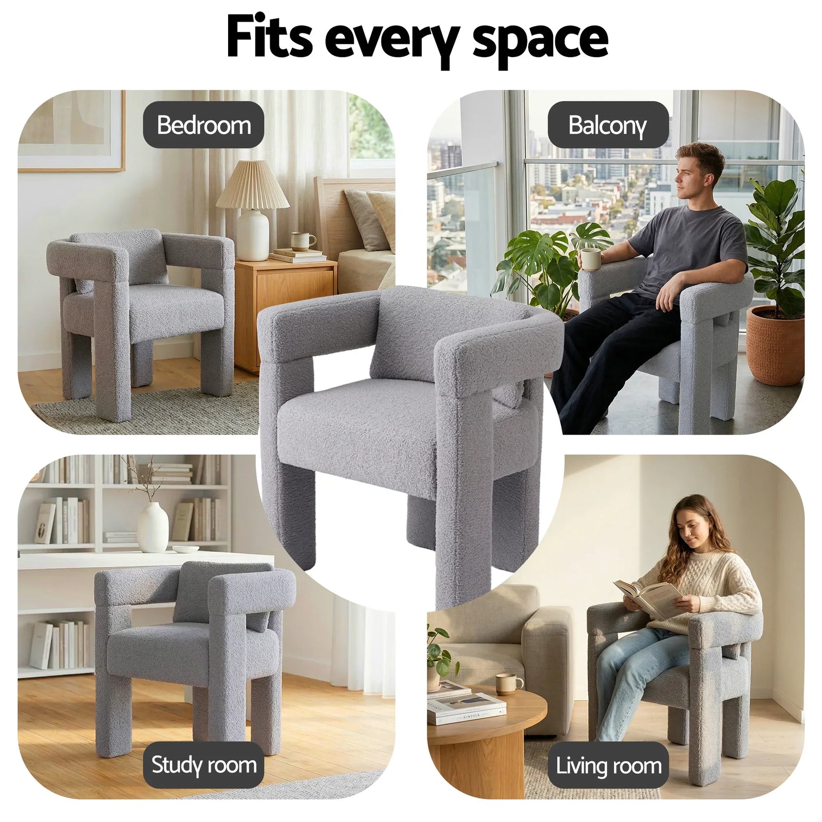 Armchair Accent Chair Lounge Sofa Couch Boucle Fabric Grey