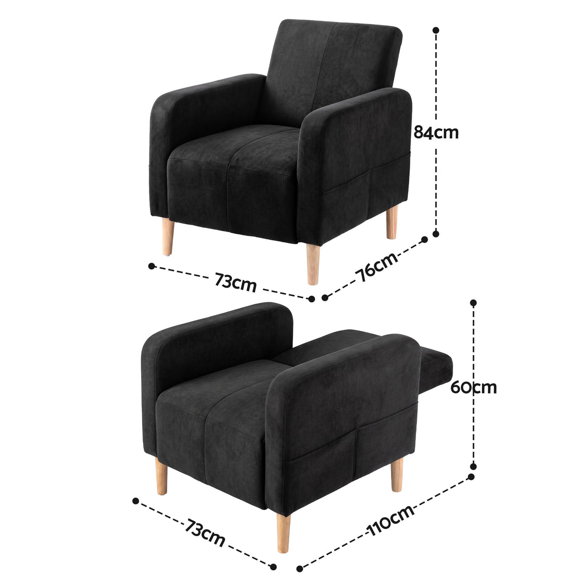 Artiss Reclining Armchair, Velvet Sofa Bed Daybed, Single Chair, Black