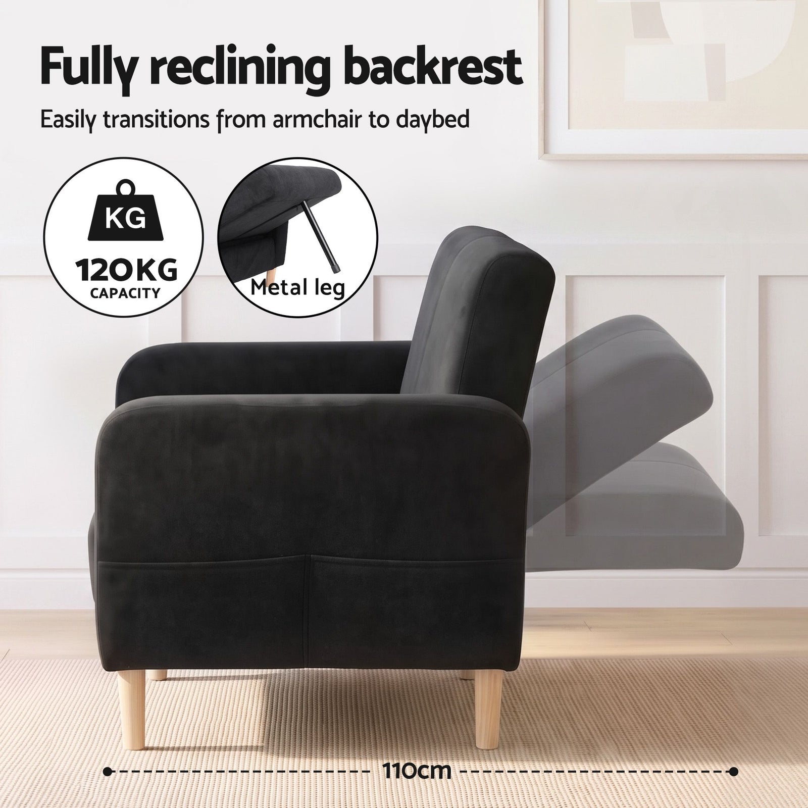 Artiss Reclining Armchair, Velvet Sofa Bed Daybed, Single Chair, Black