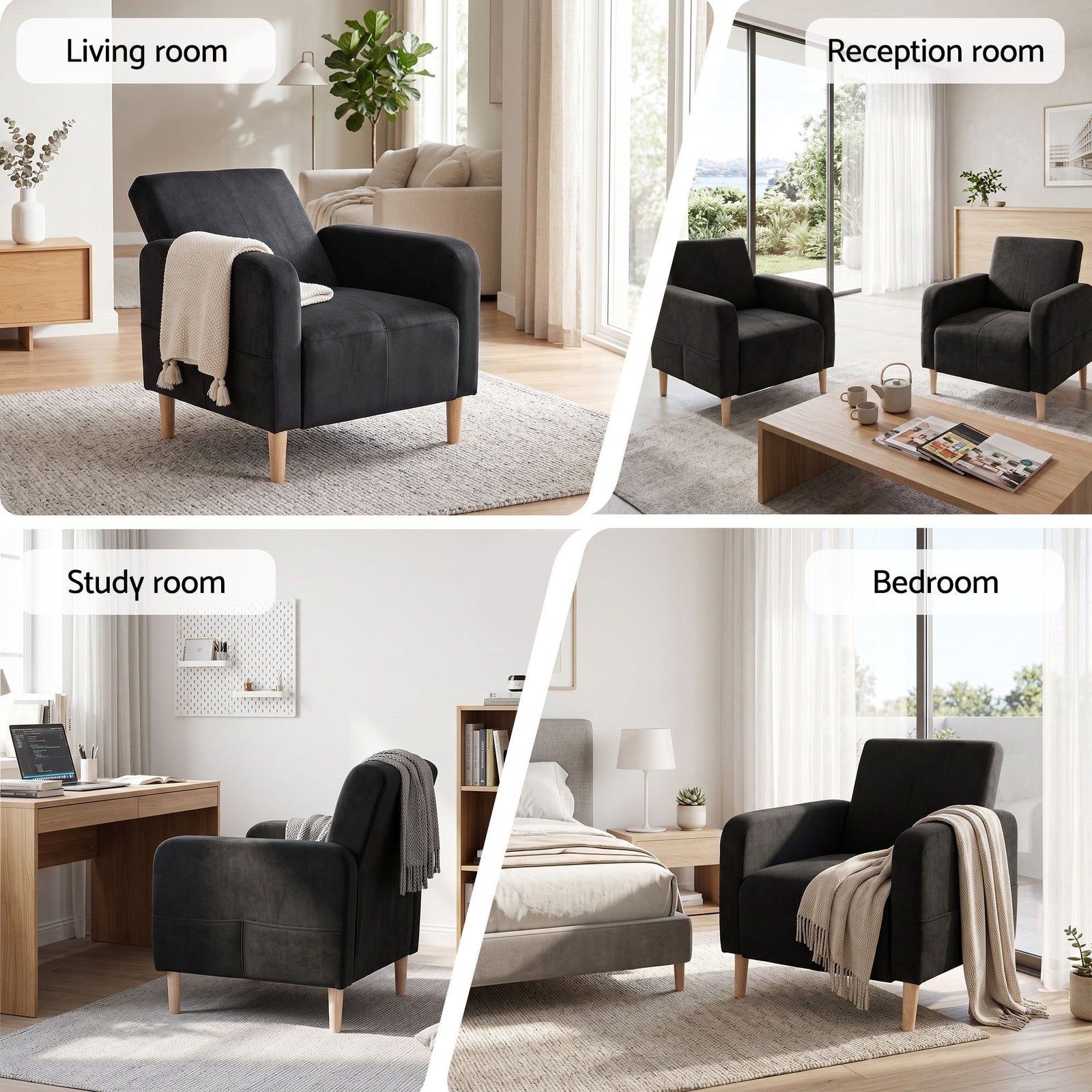 Artiss Reclining Armchair, Velvet Sofa Bed Daybed, Single Chair, Black
