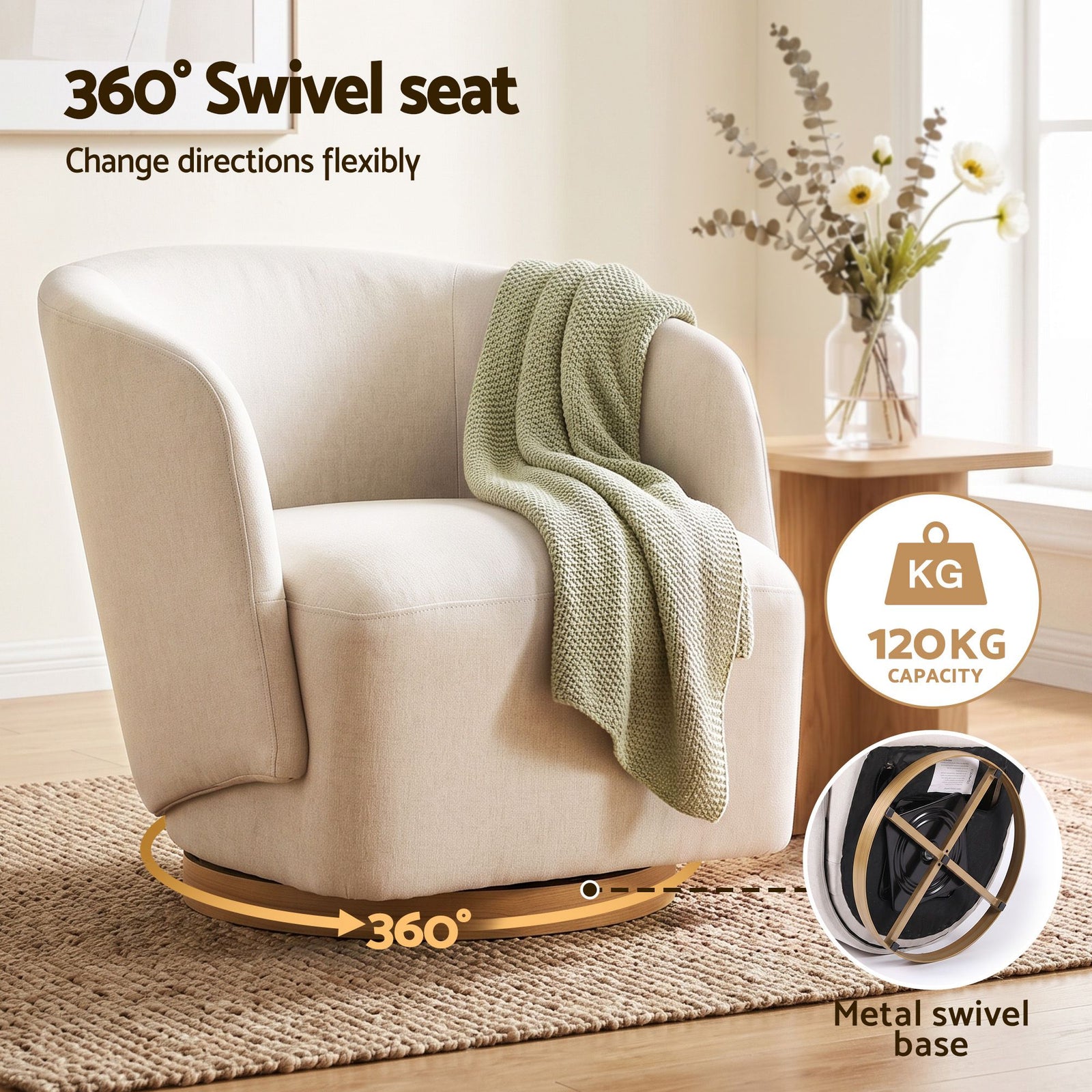 Artiss 360° Swivel Armchair, Curved Accent Chair, Linen Fabric, Beige Colour