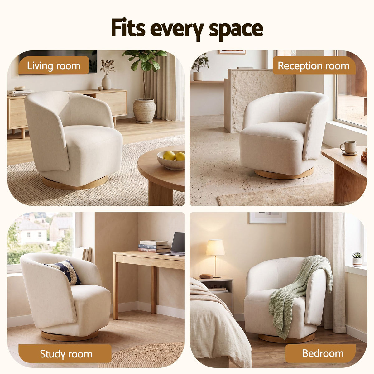 Artiss 360° Swivel Armchair, Curved Accent Chair, Linen Fabric, Beige Colour