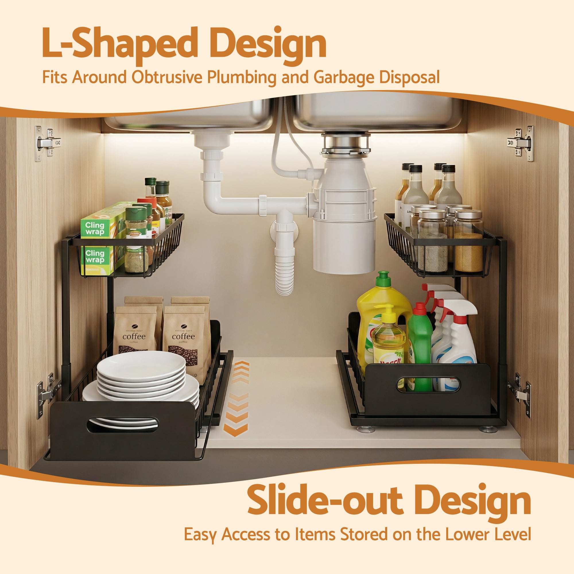 Under Sink Organizer Storage L Shape 1 Pull Out Drawers Kitchen Cabinet Shelf