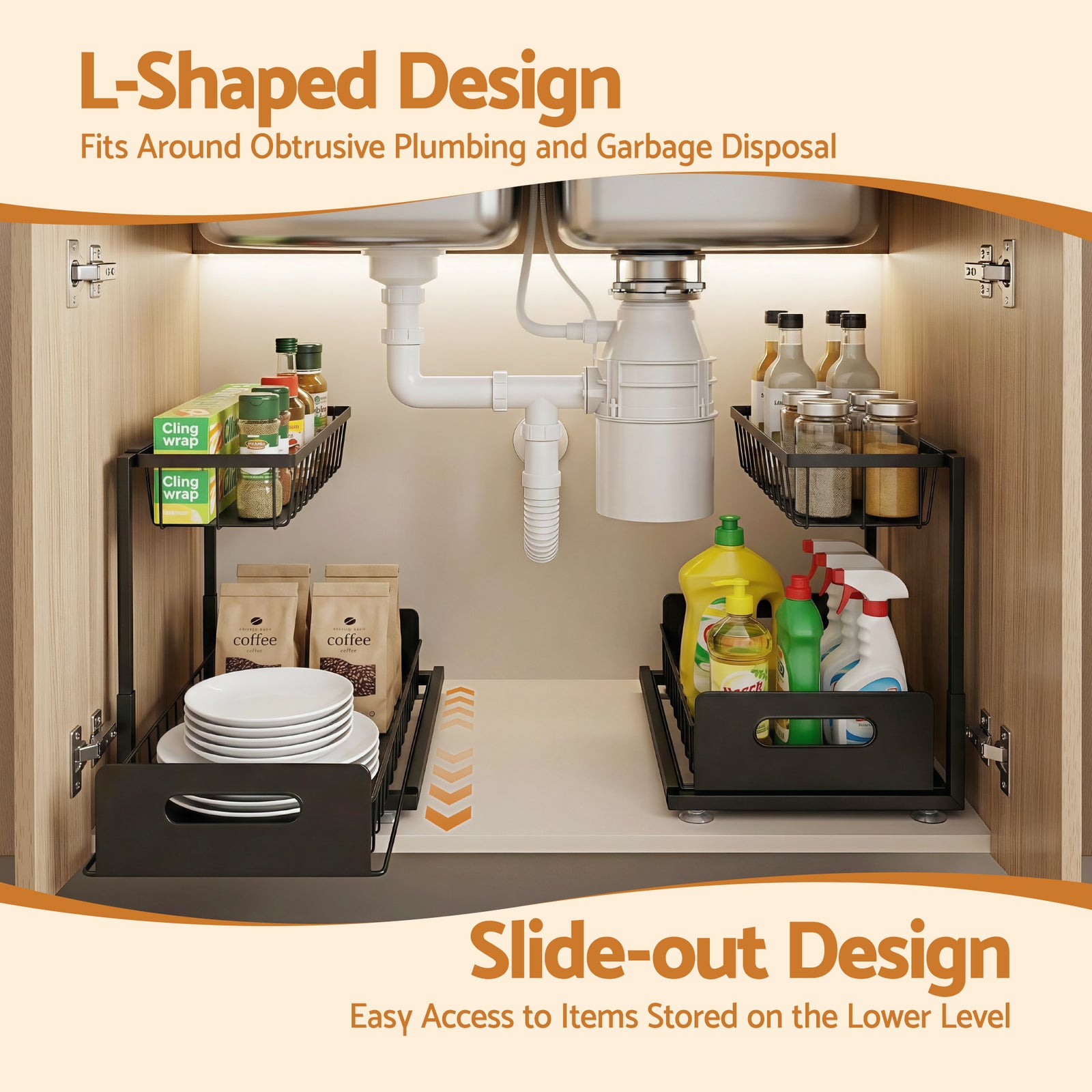 Under Sink Organizer Storage L Shape 1 Pull Out Drawers Kitchen Cabinet Shelf