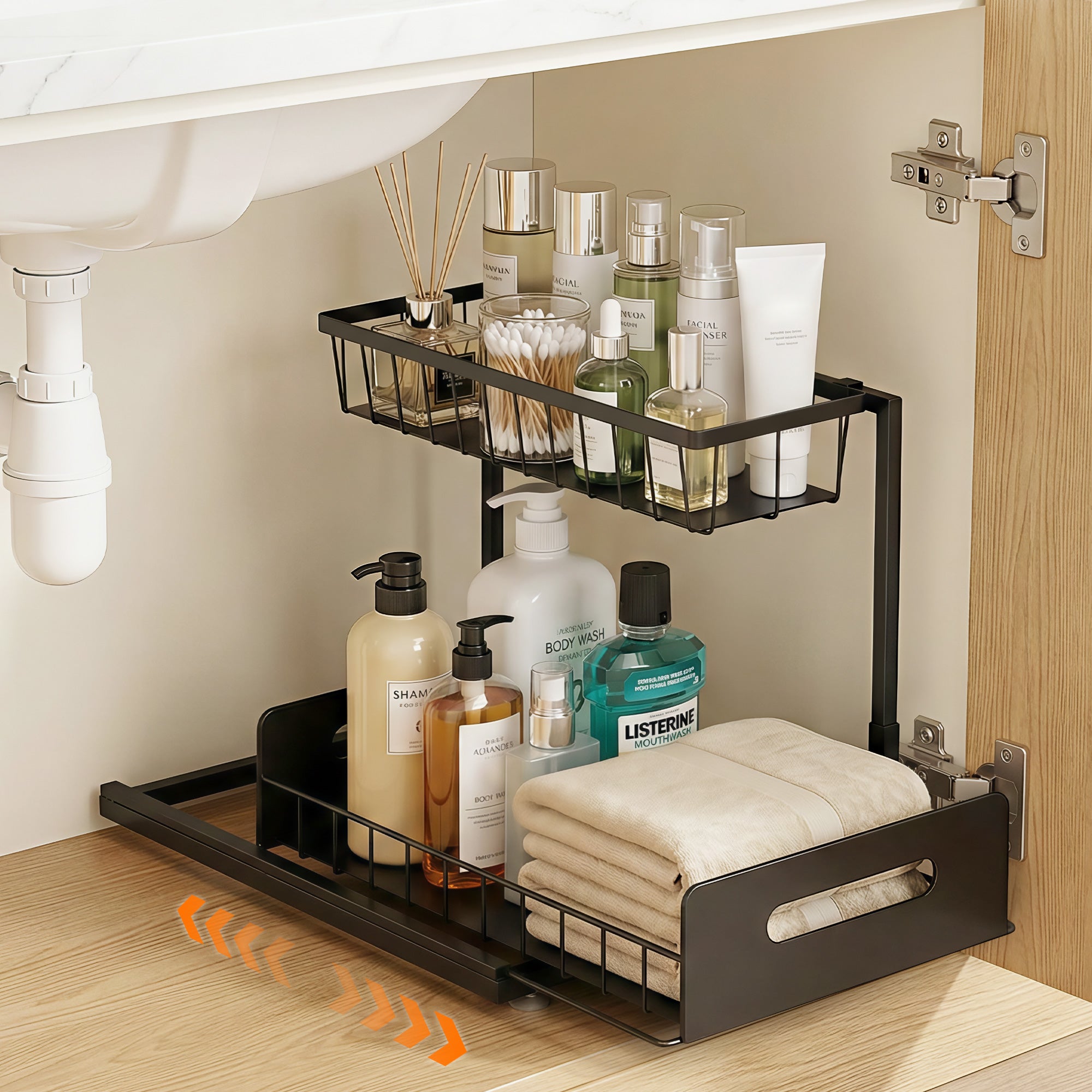 Under Sink Organizer Storage L Shape 1 Pull Out Drawers Kitchen Cabinet Shelf