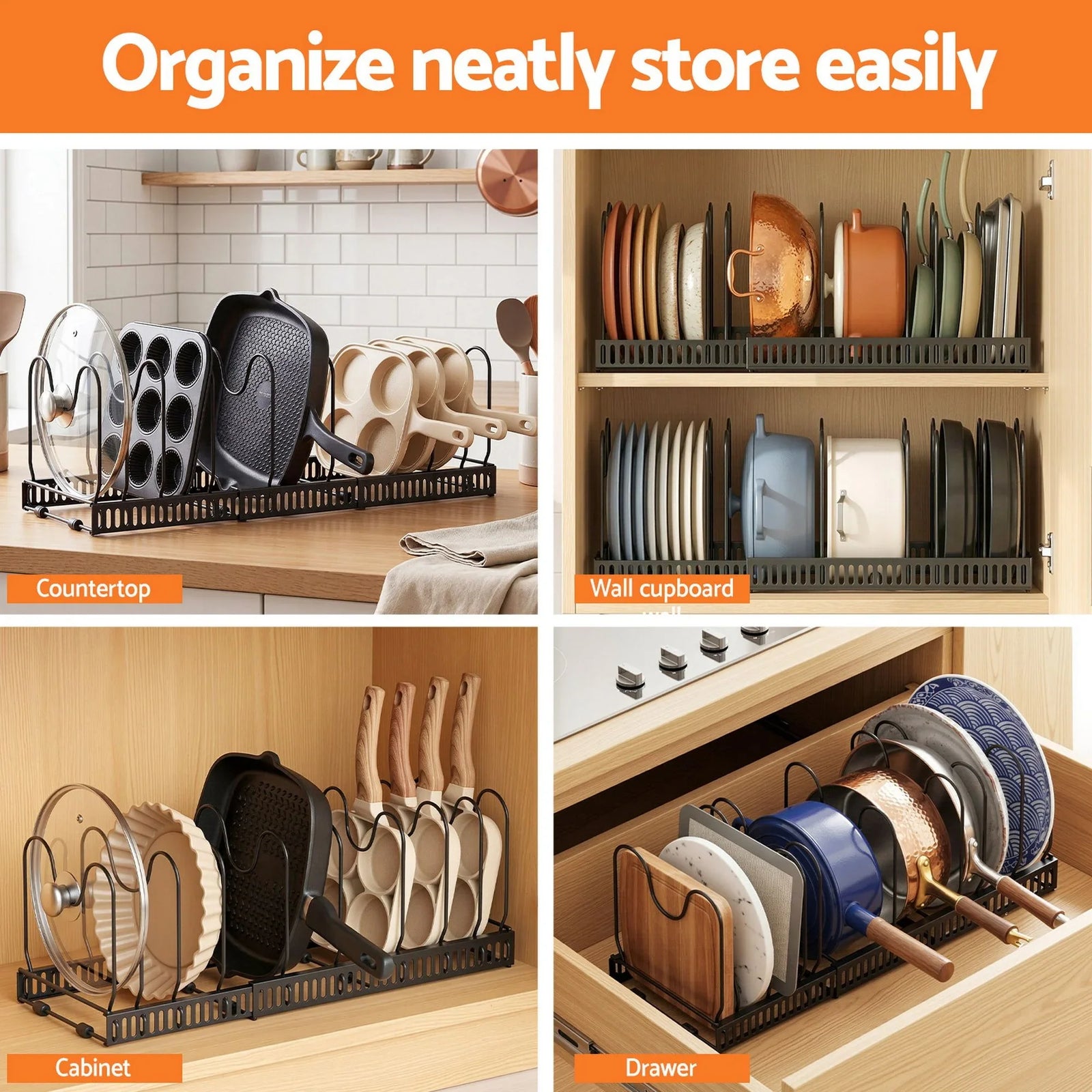 Expandable Pots and Pans Organizer Rack Cookware Holder Kitchen Cabinet Rack