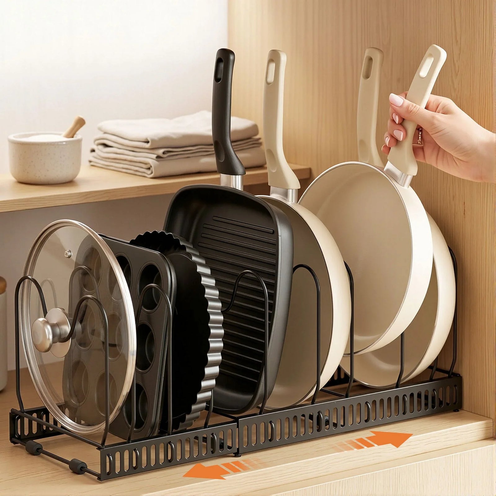 Expandable Pots and Pans Organizer Rack Cookware Holder Kitchen Cabinet Rack