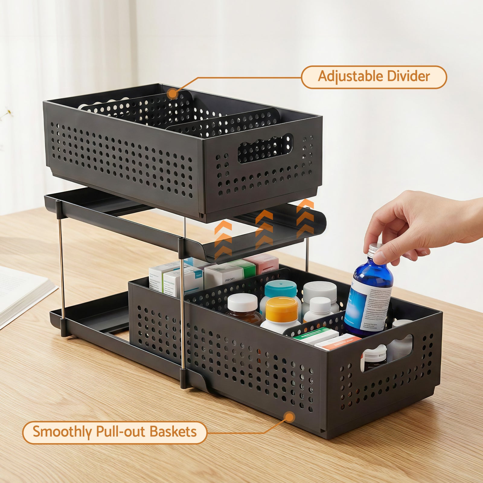 Under Sink Organizer 2 Tier Pull Out Drawer with Removable Baskets & Divider