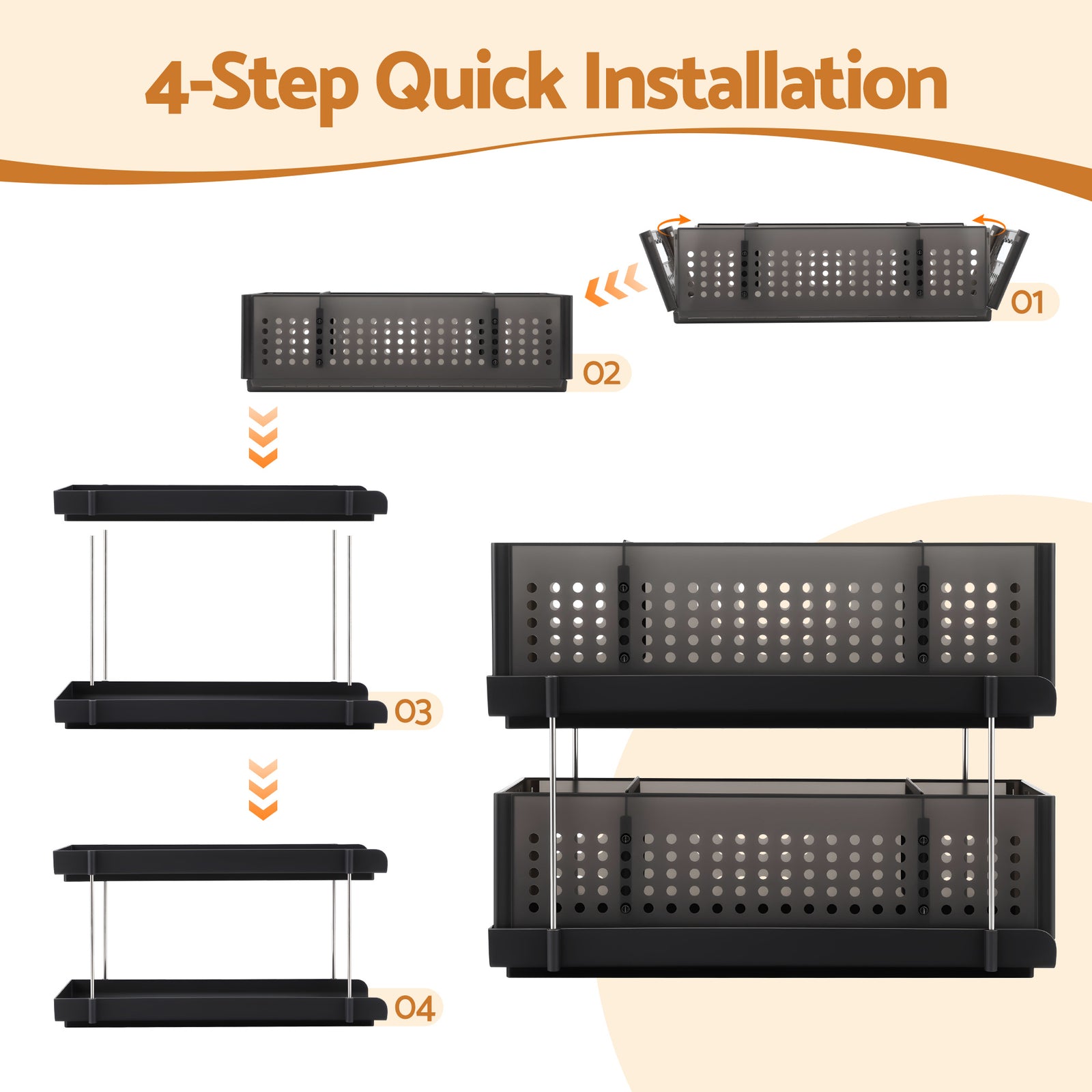 Under Sink Organizer 2 Tier Pull Out Drawer with Removable Baskets & Divider