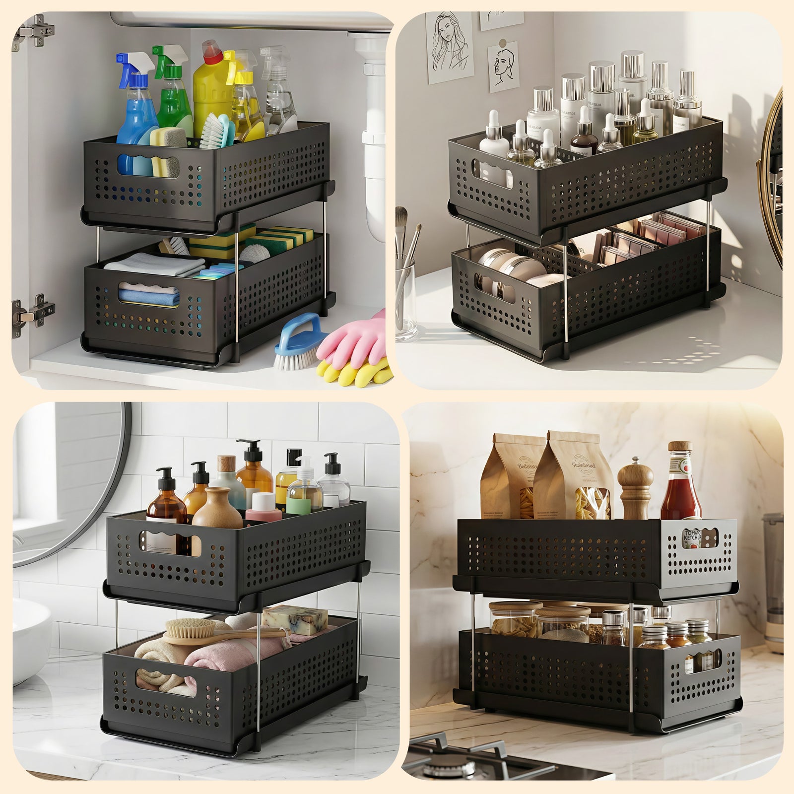 Under Sink Organizer 2 Tier Pull Out Drawer with Removable Baskets & Divider
