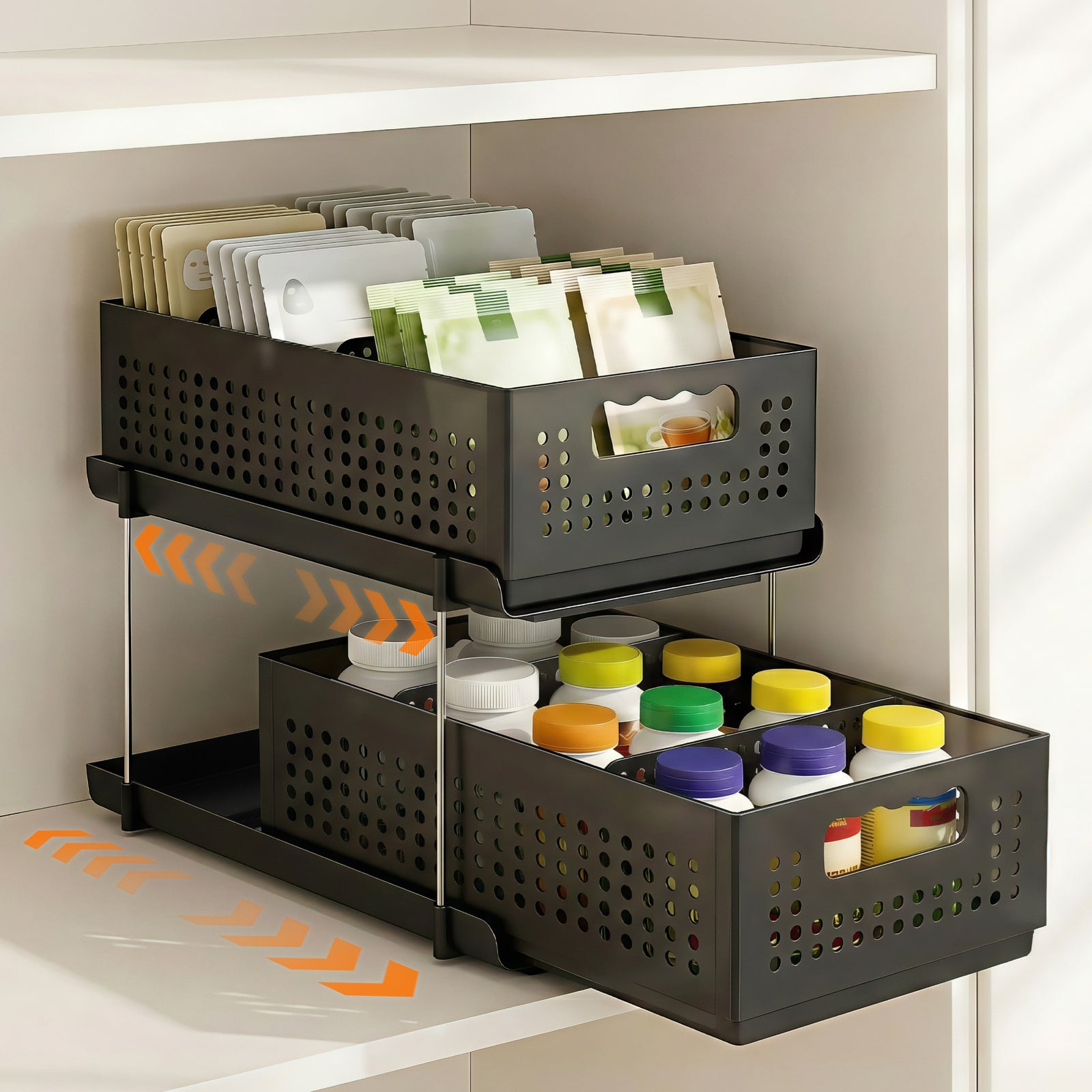 Under Sink Organizer 2 Tier Pull Out Drawer with Removable Baskets & Divider
