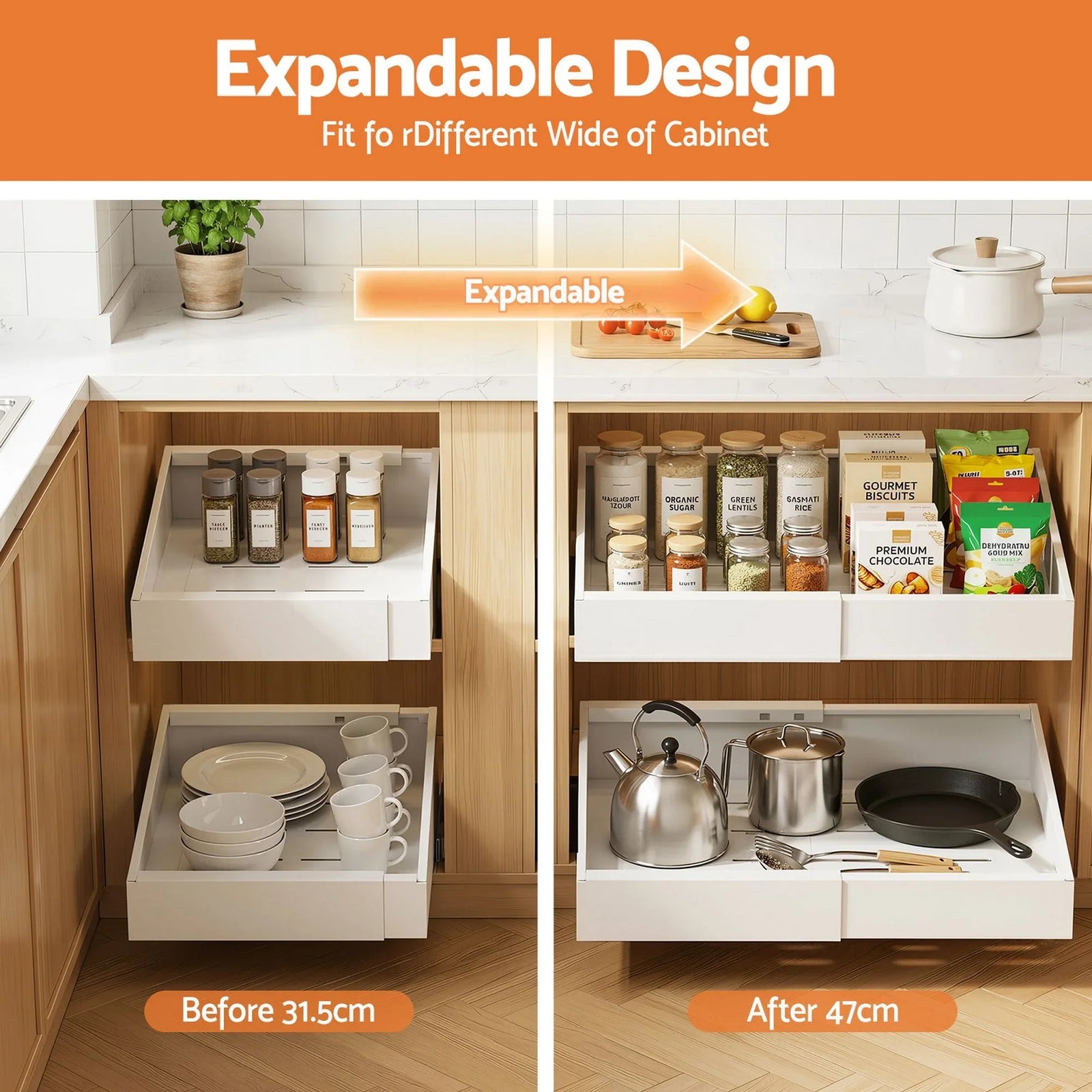 2 Pack Pull Out Drawers for Cabinets Expandable Cabinet Organizer White