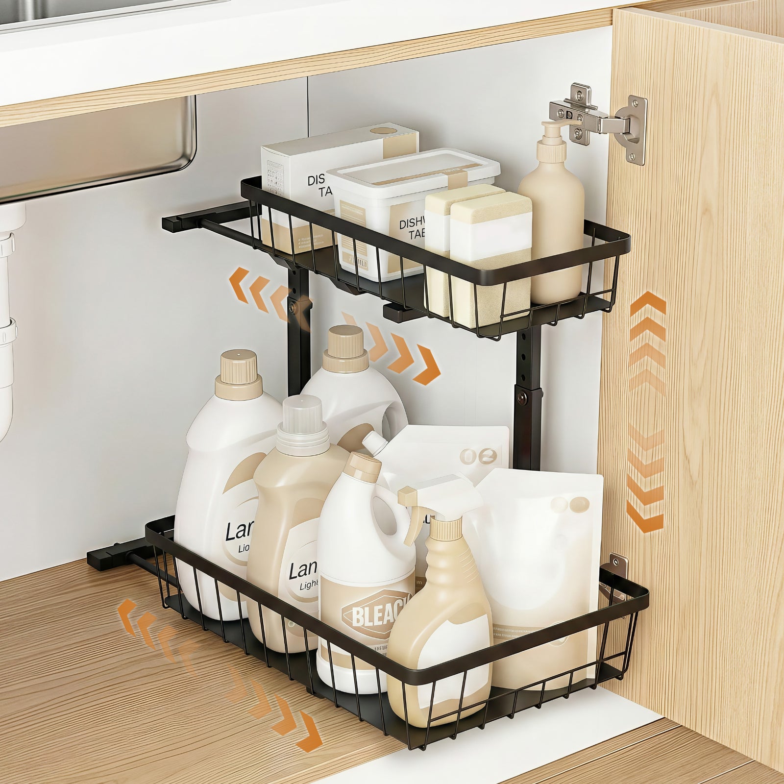 Artiss Under Sink Organizer Storage with 2 Slide Out Drawers 5 Adjustable Height Bathroom Kitchen Cabinet Black