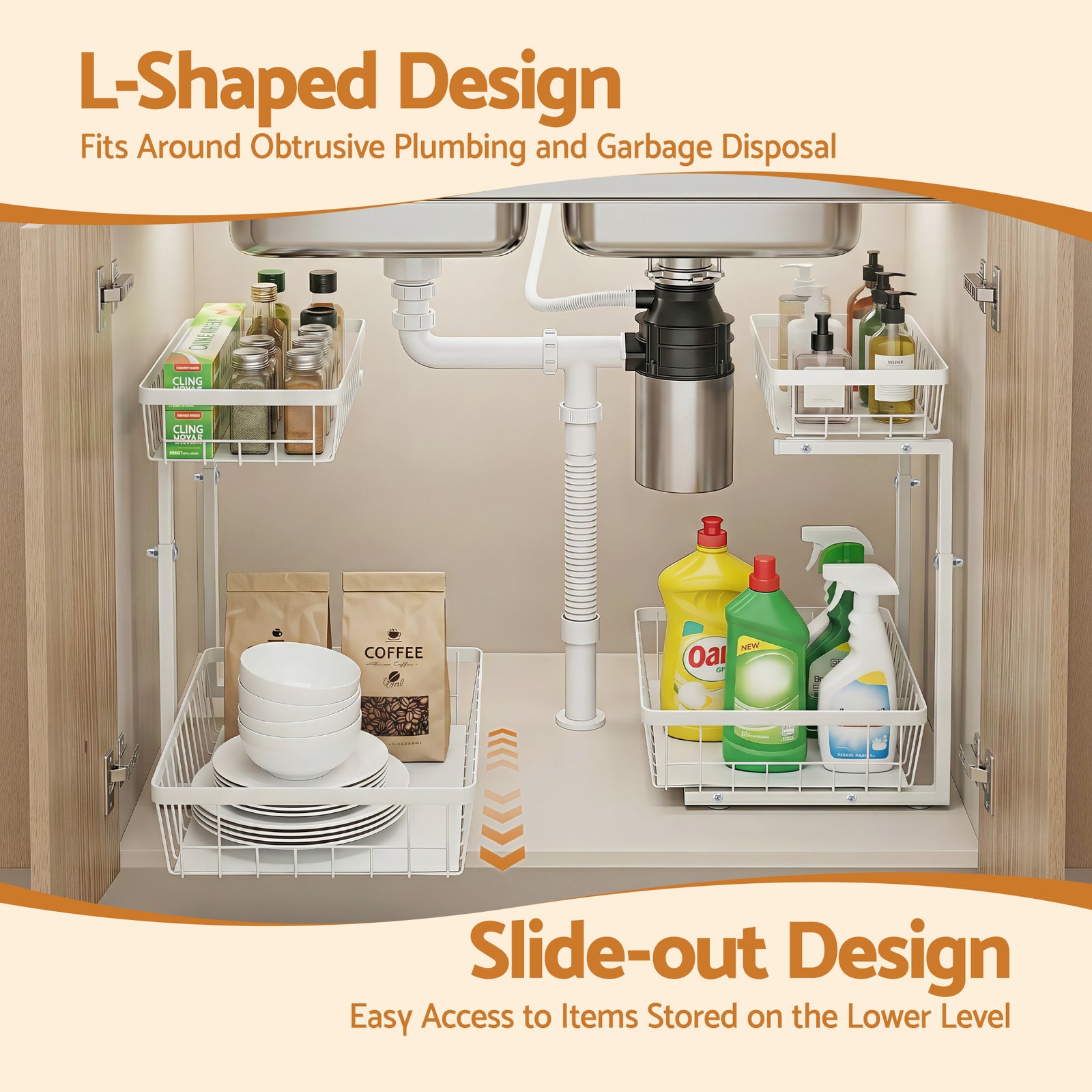 Under Sink Organizer Storage with 2 Slide Out Drawers 5 Adjustable Height Bathroom Kitchen Cabinet