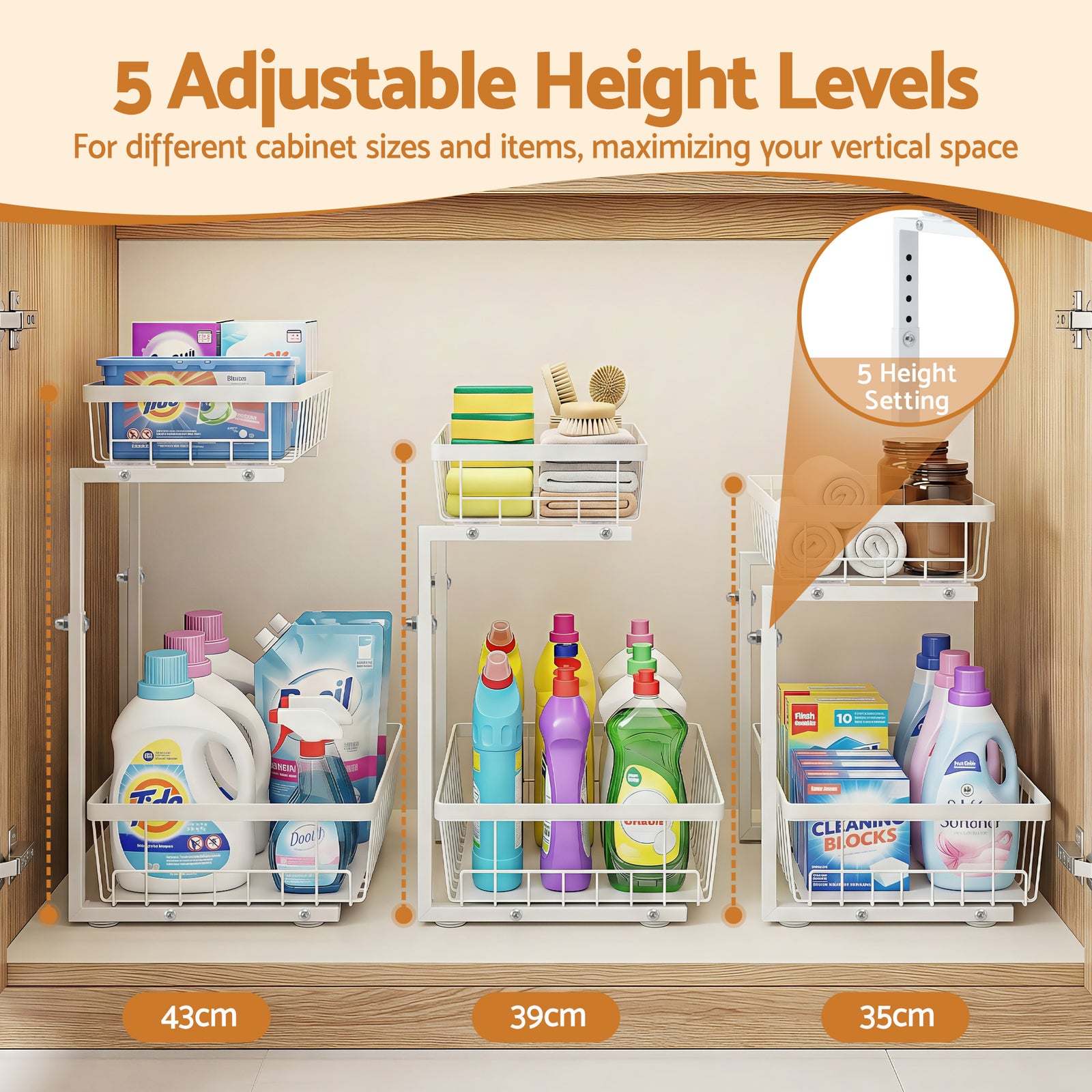 Under Sink Organizer Storage with 2 Slide Out Drawers 5 Adjustable Height Bathroom Kitchen Cabinet