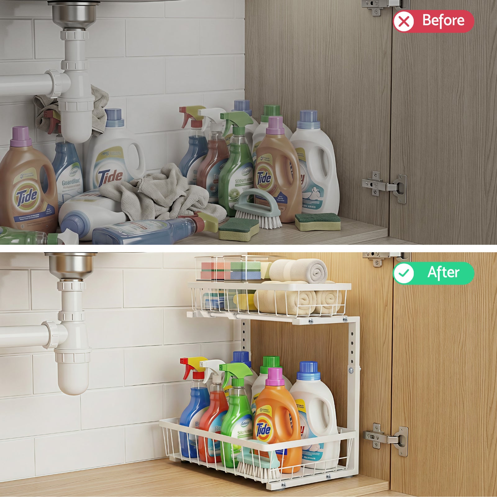 Under Sink Organizer Storage with 2 Slide Out Drawers 5 Adjustable Height Bathroom Kitchen Cabinet