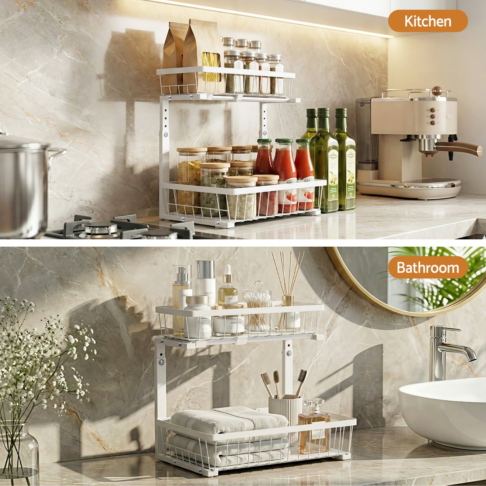 Under Sink Organizer Storage with 2 Slide Out Drawers 5 Adjustable Height Bathroom Kitchen Cabinet