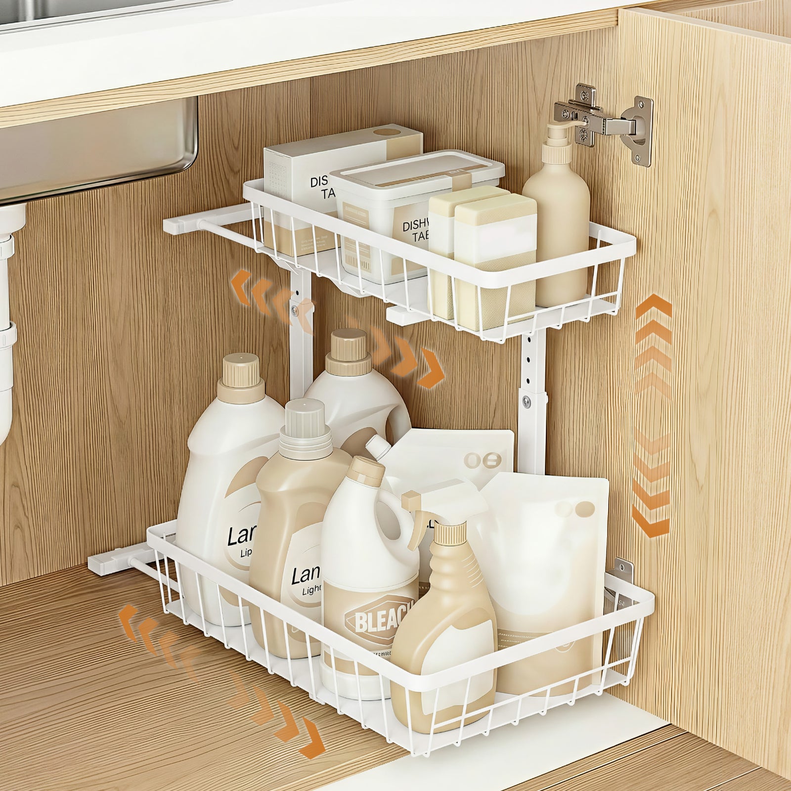 Under Sink Organizer Storage with 2 Slide Out Drawers 5 Adjustable Height Bathroom Kitchen Cabinet