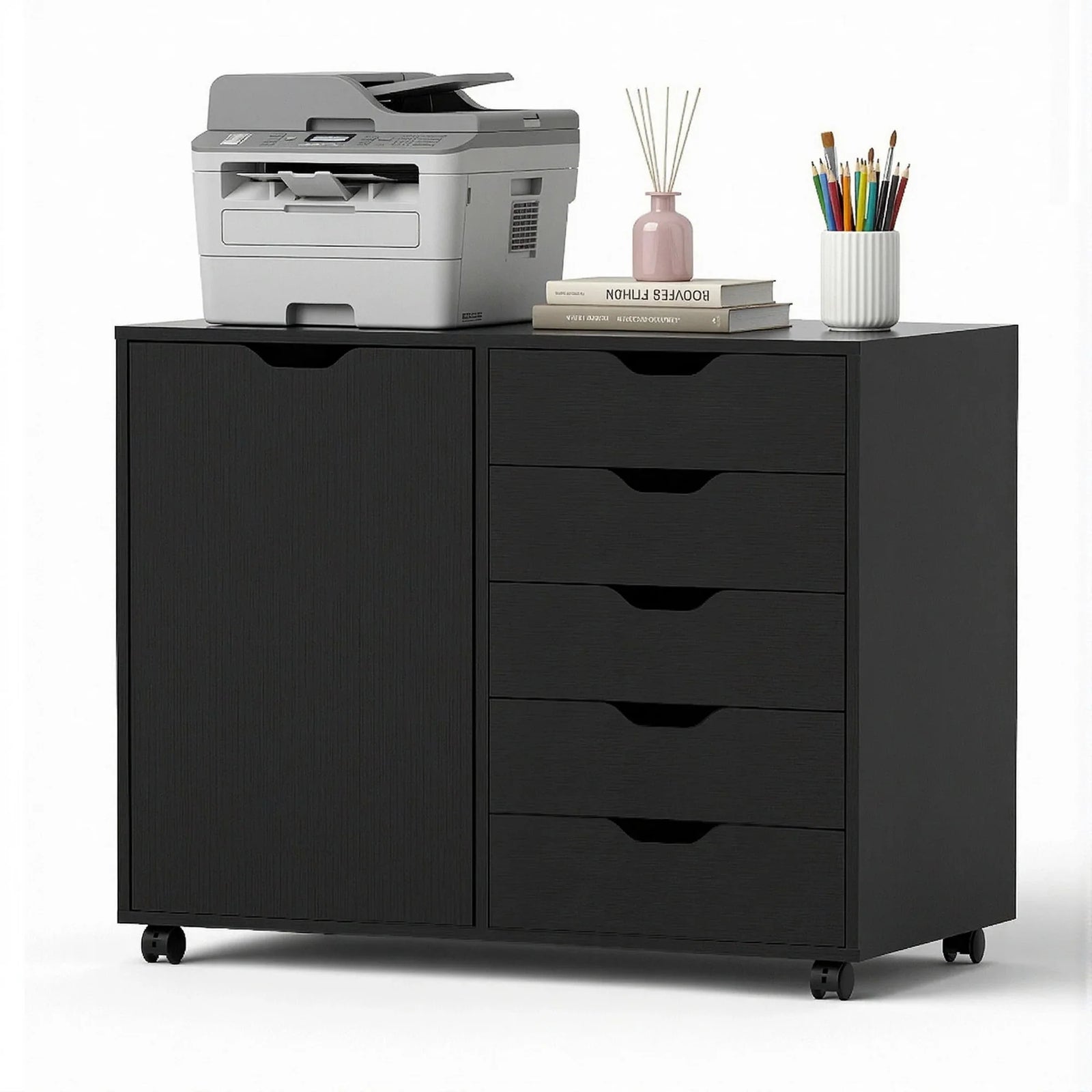 Mobile Filing Cabinet 5 Drawer with Door Modern Storage Cabinet Printer Stand