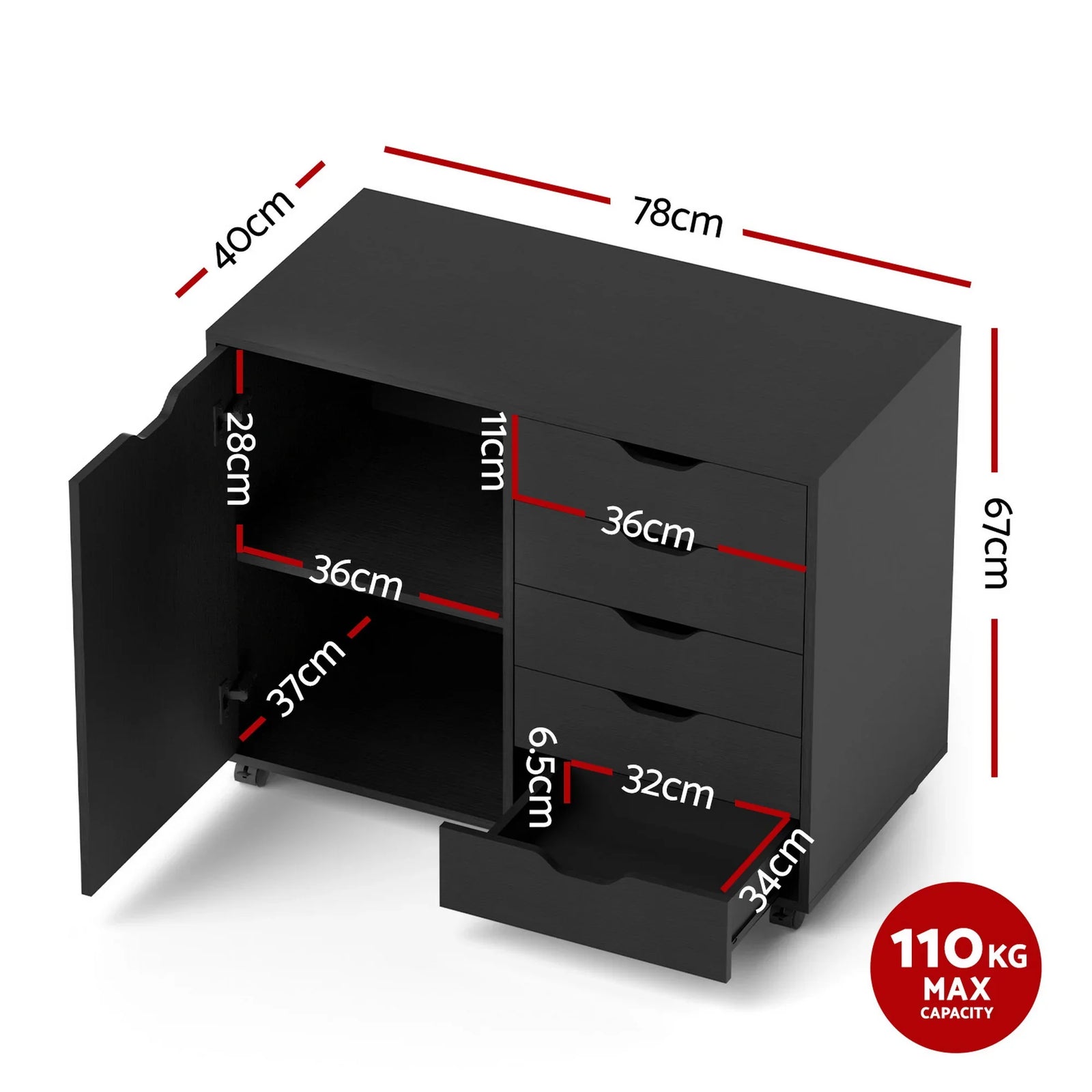 Mobile Filing Cabinet 5 Drawer with Door Modern Storage Cabinet Printer Stand