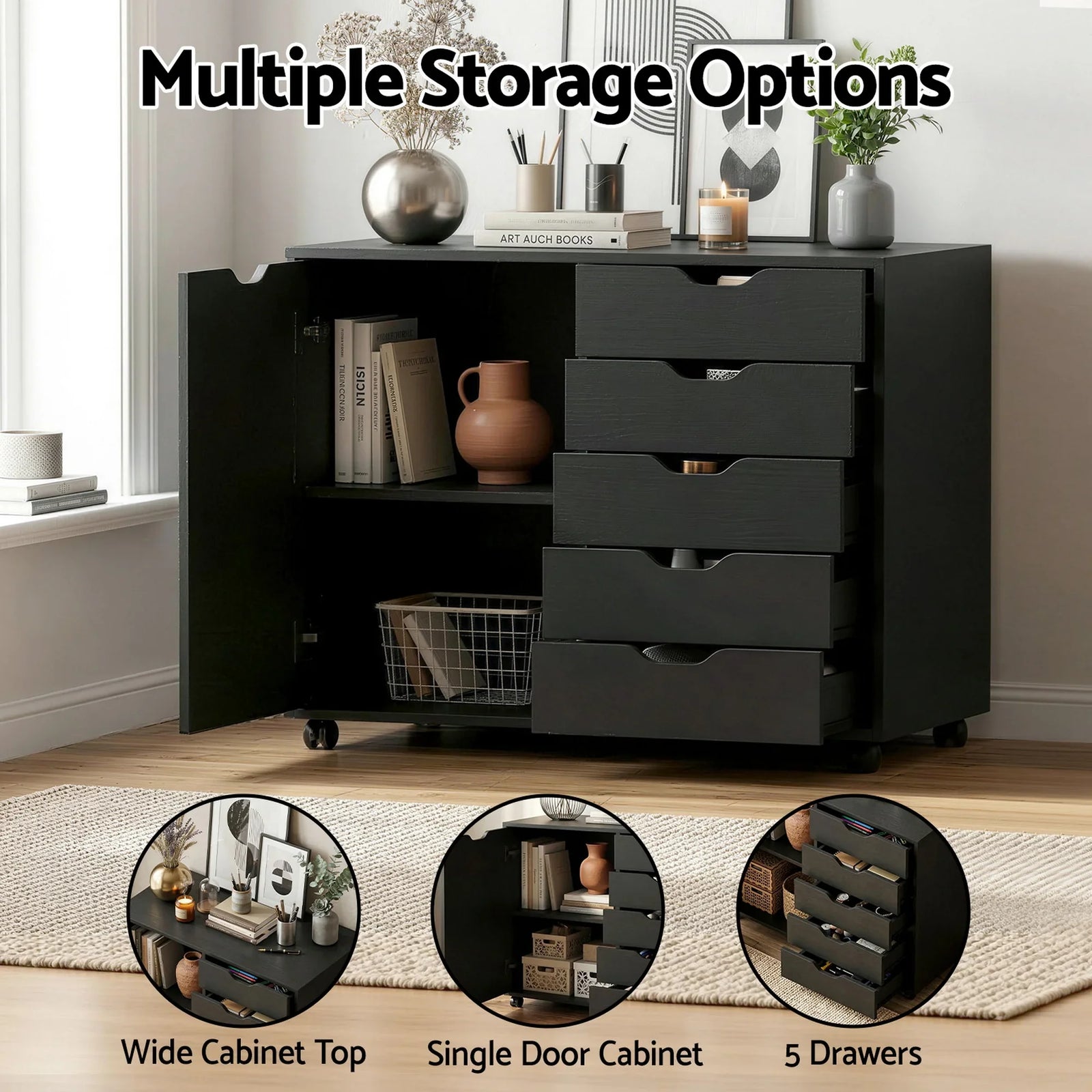 Mobile Filing Cabinet 5 Drawer with Door Modern Storage Cabinet Printer Stand