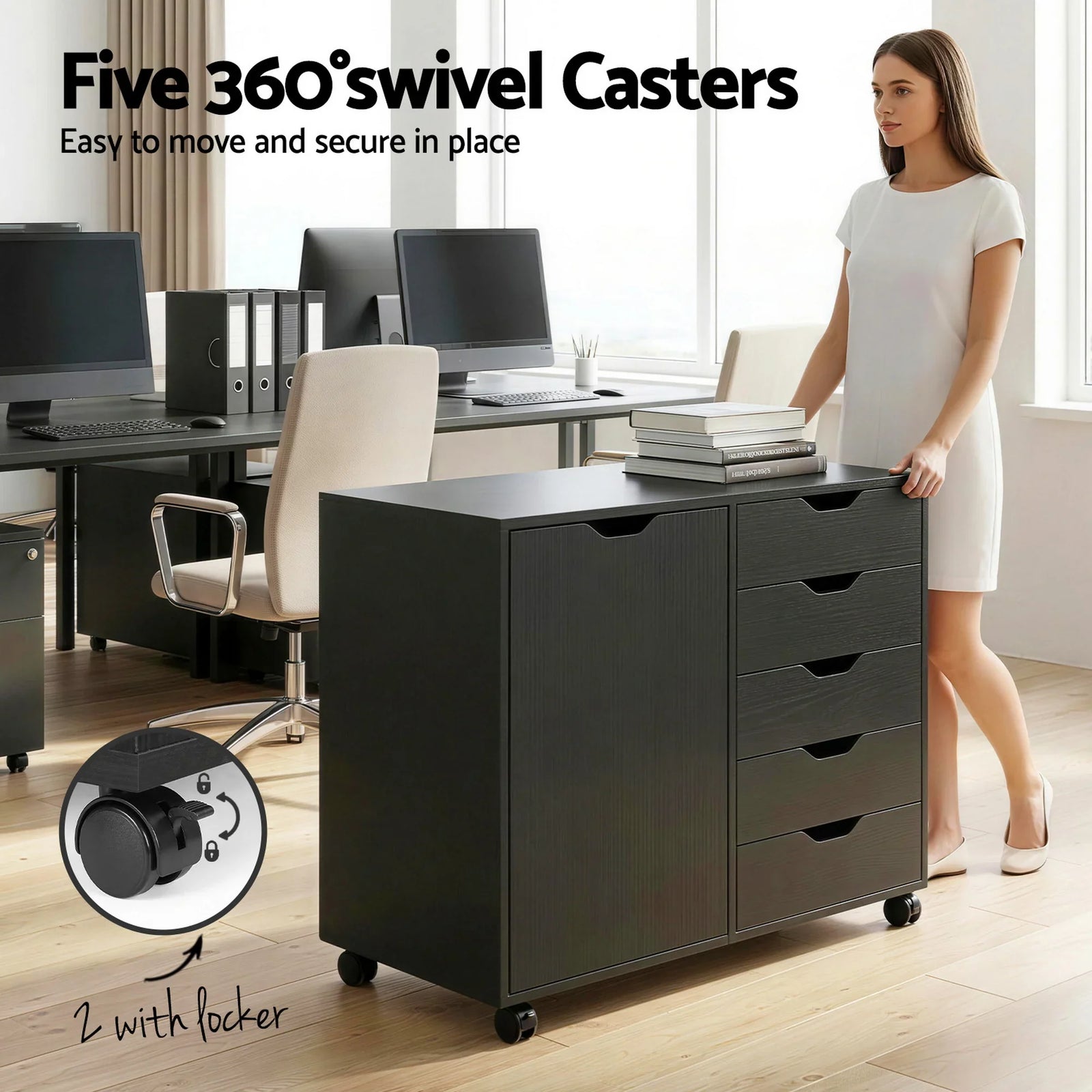 Mobile Filing Cabinet 5 Drawer with Door Modern Storage Cabinet Printer Stand
