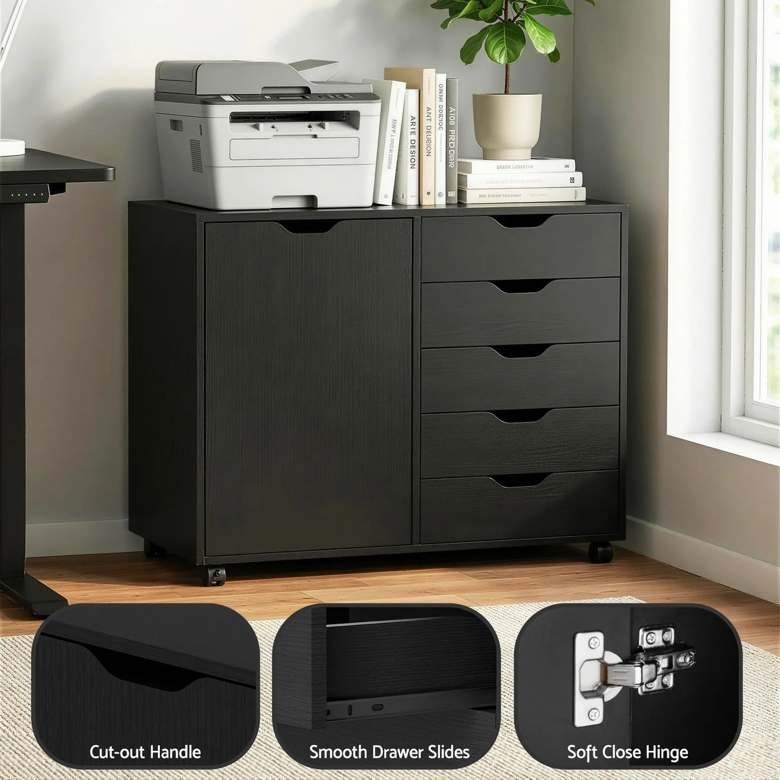 Mobile Filing Cabinet 5 Drawer with Door Modern Storage Cabinet Printer Stand