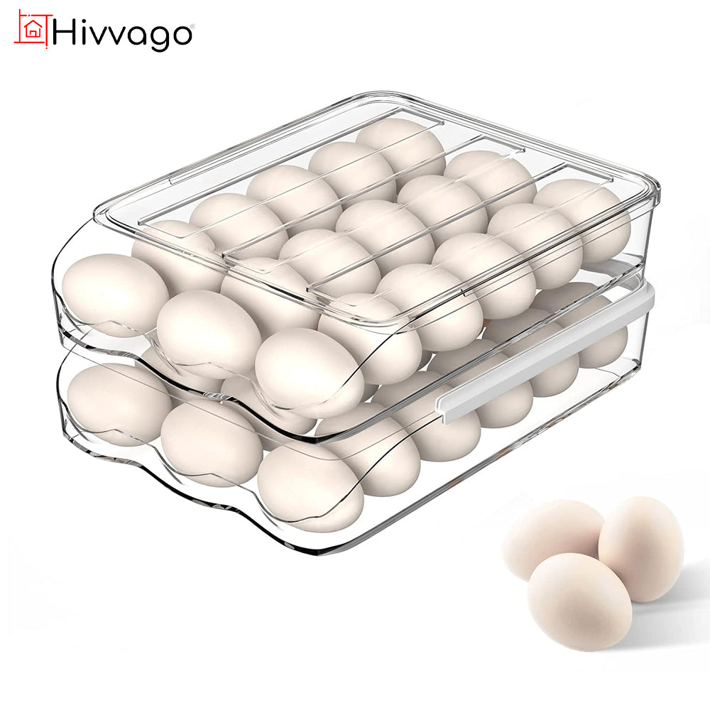 2 Layers Automatic Rolling Clear Egg Refrigerator Organizer with Lid