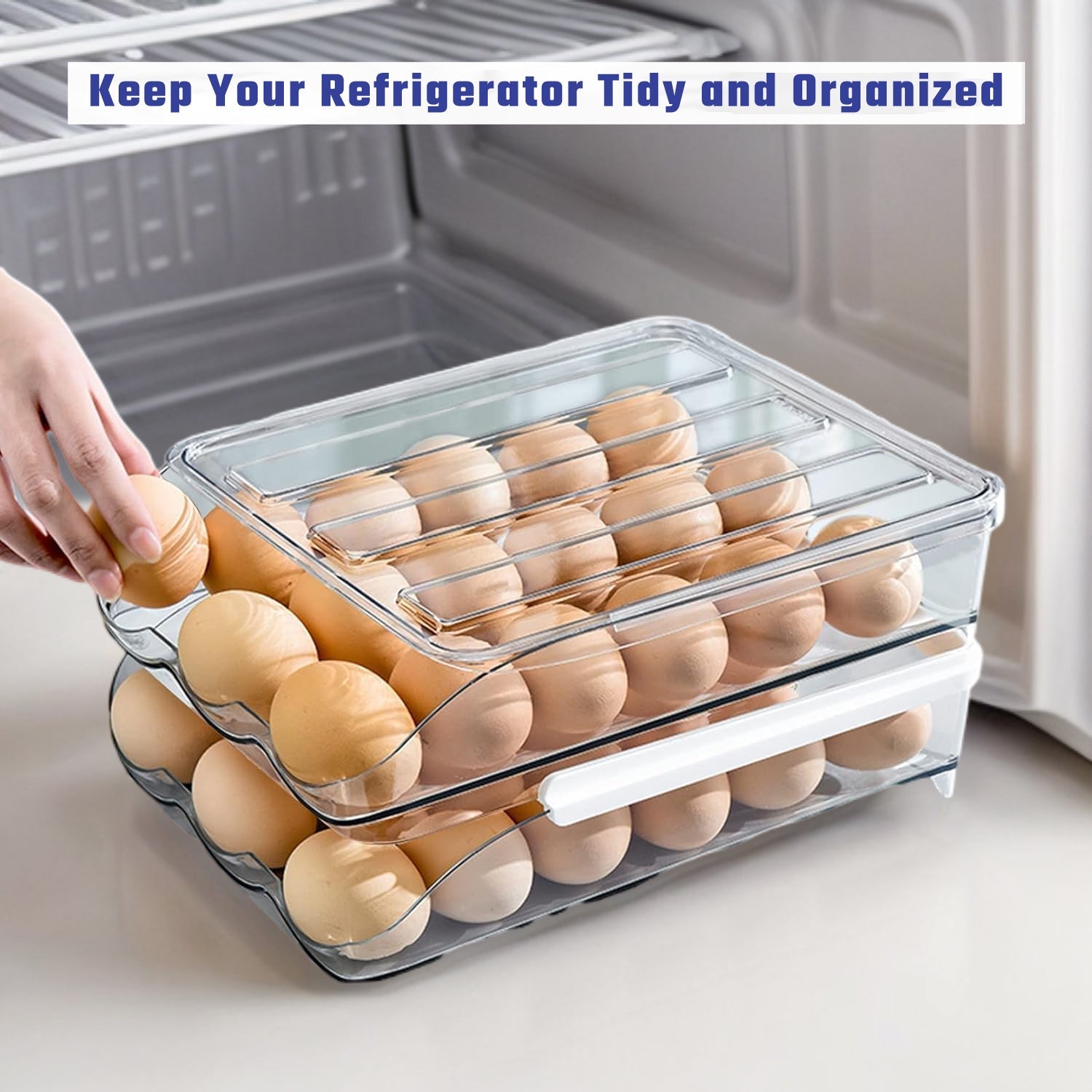 2 Layers Automatic Rolling Clear Egg Refrigerator Organizer with Lid