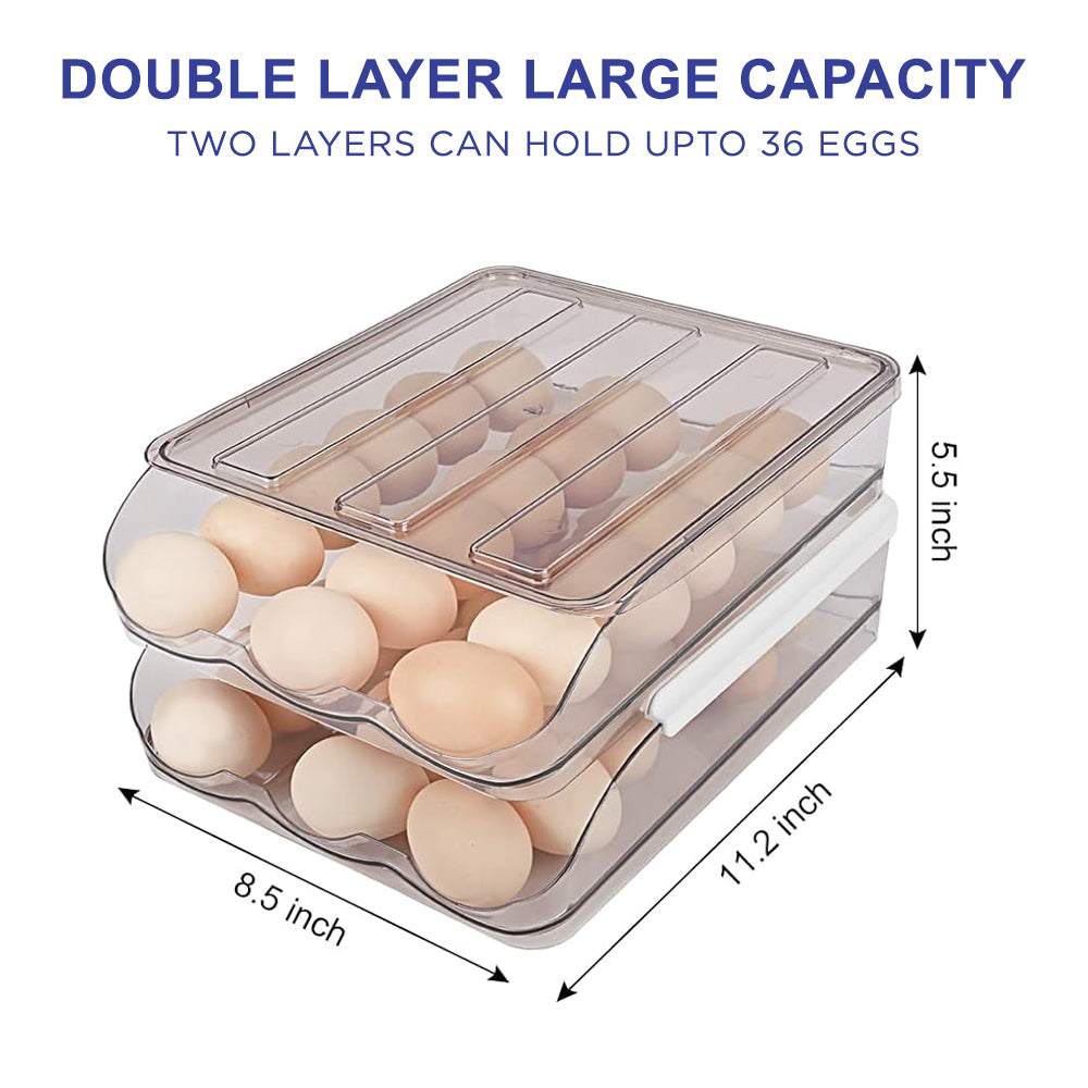 2 Layers Automatic Rolling Clear Egg Refrigerator Organizer with Lid