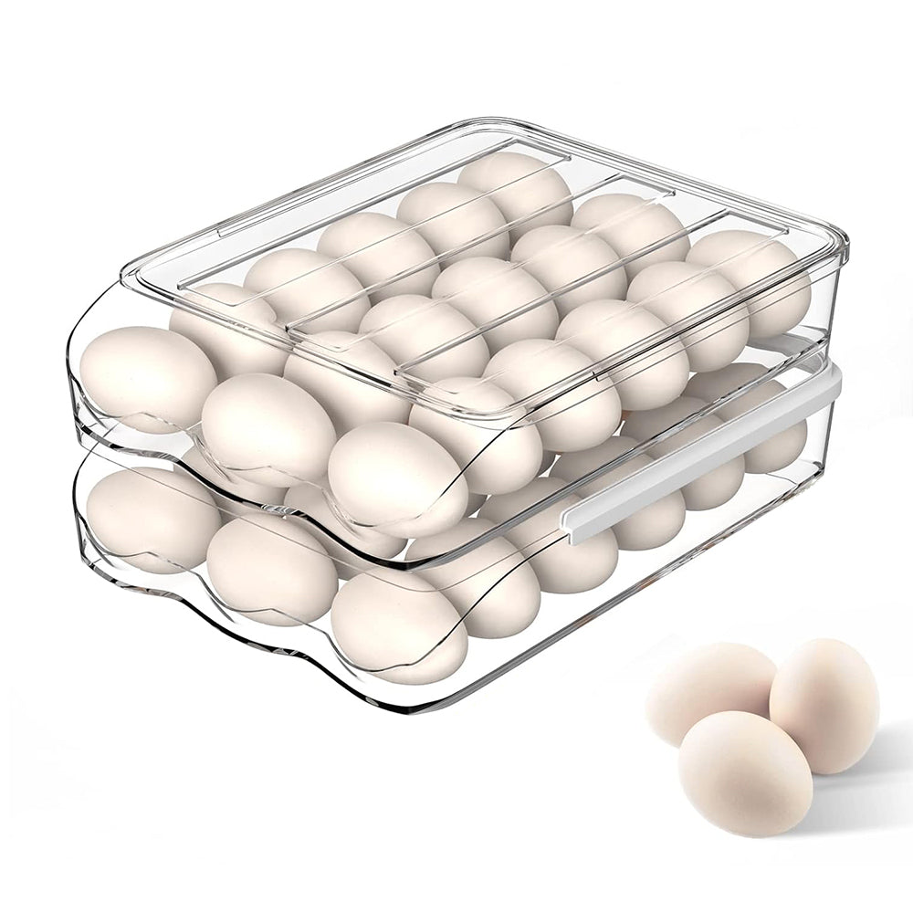 2 Layers Automatic Rolling Clear Egg Refrigerator Organizer with Lid