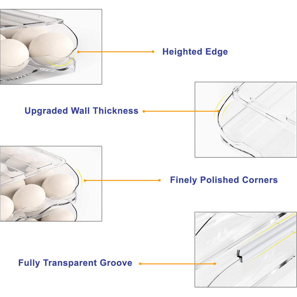 2 Layers Automatic Rolling Clear Egg Refrigerator Organizer with Lid